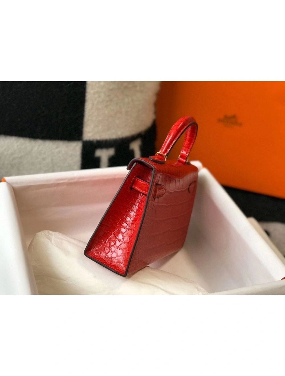 Hermes Kelly Mini II Bag In Red Embossed Crocodile Leather
