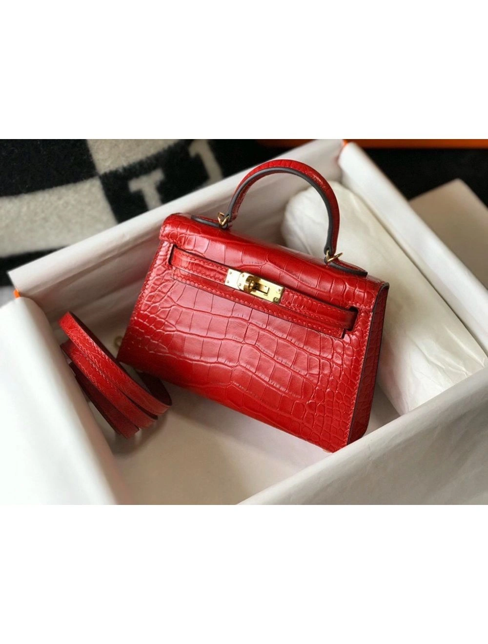 Hermes Kelly Mini II Bag In Red Embossed Crocodile Leather