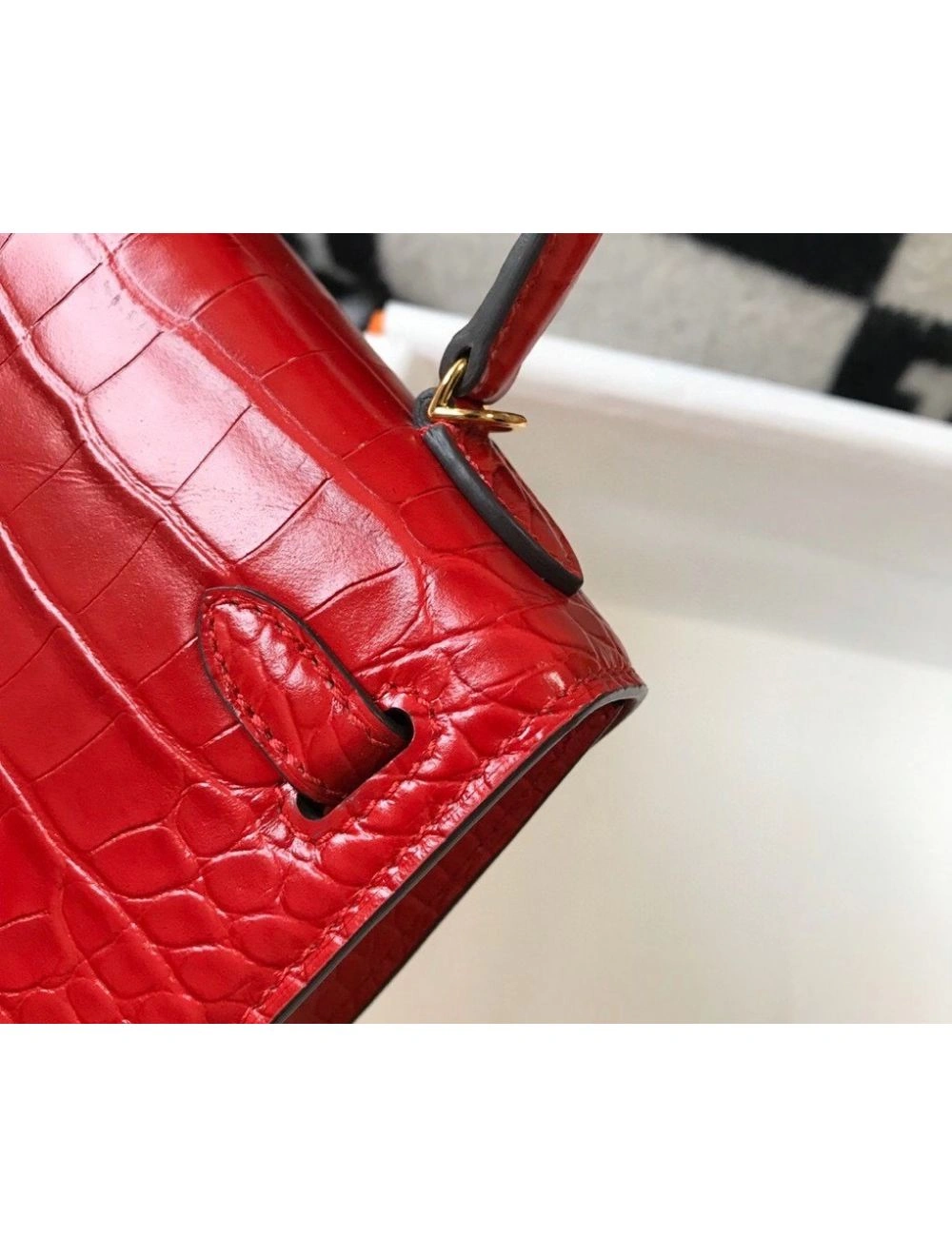 Hermes Kelly Mini II Bag In Red Embossed Crocodile Leather