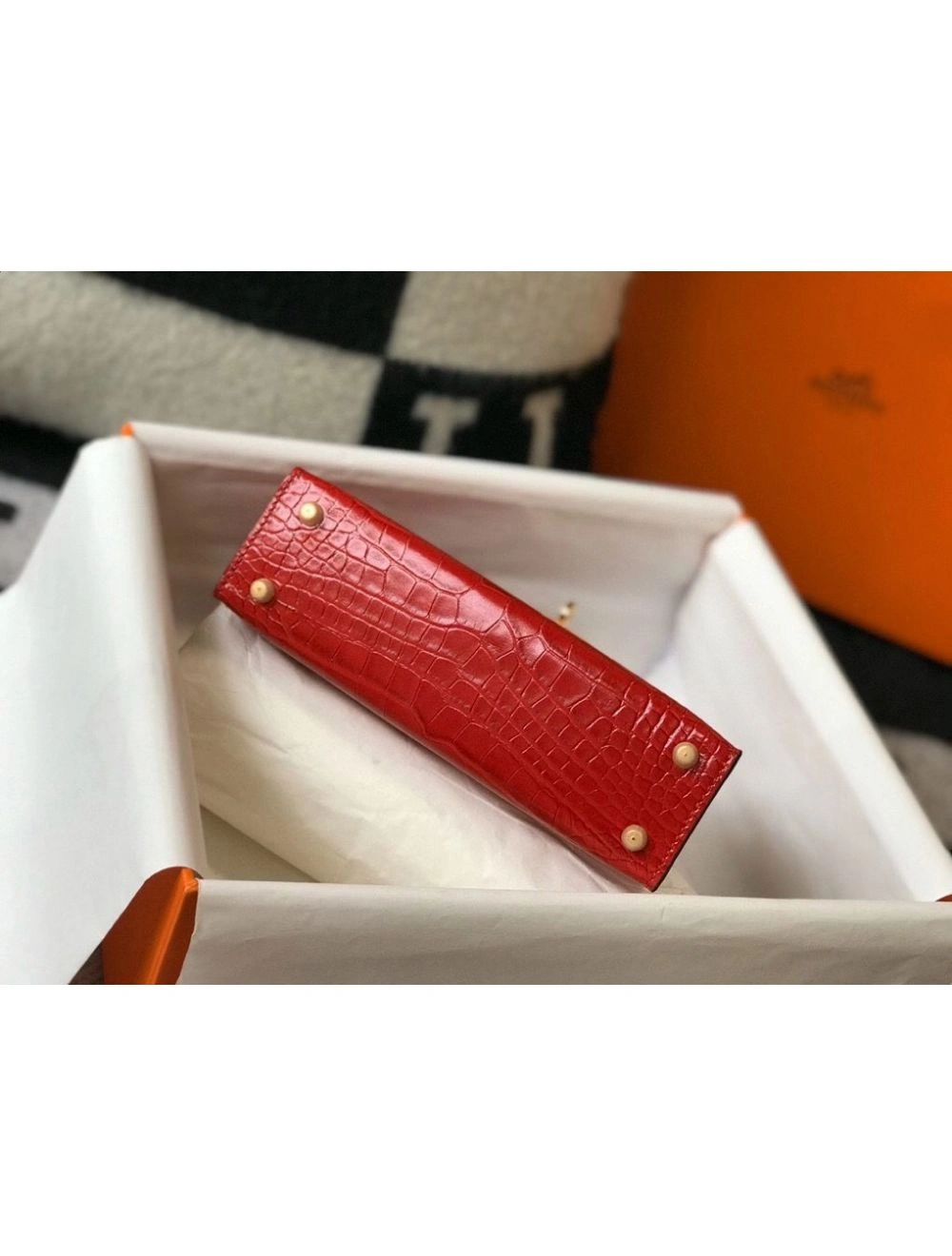 Hermes Kelly Mini II Bag In Red Embossed Crocodile Leather