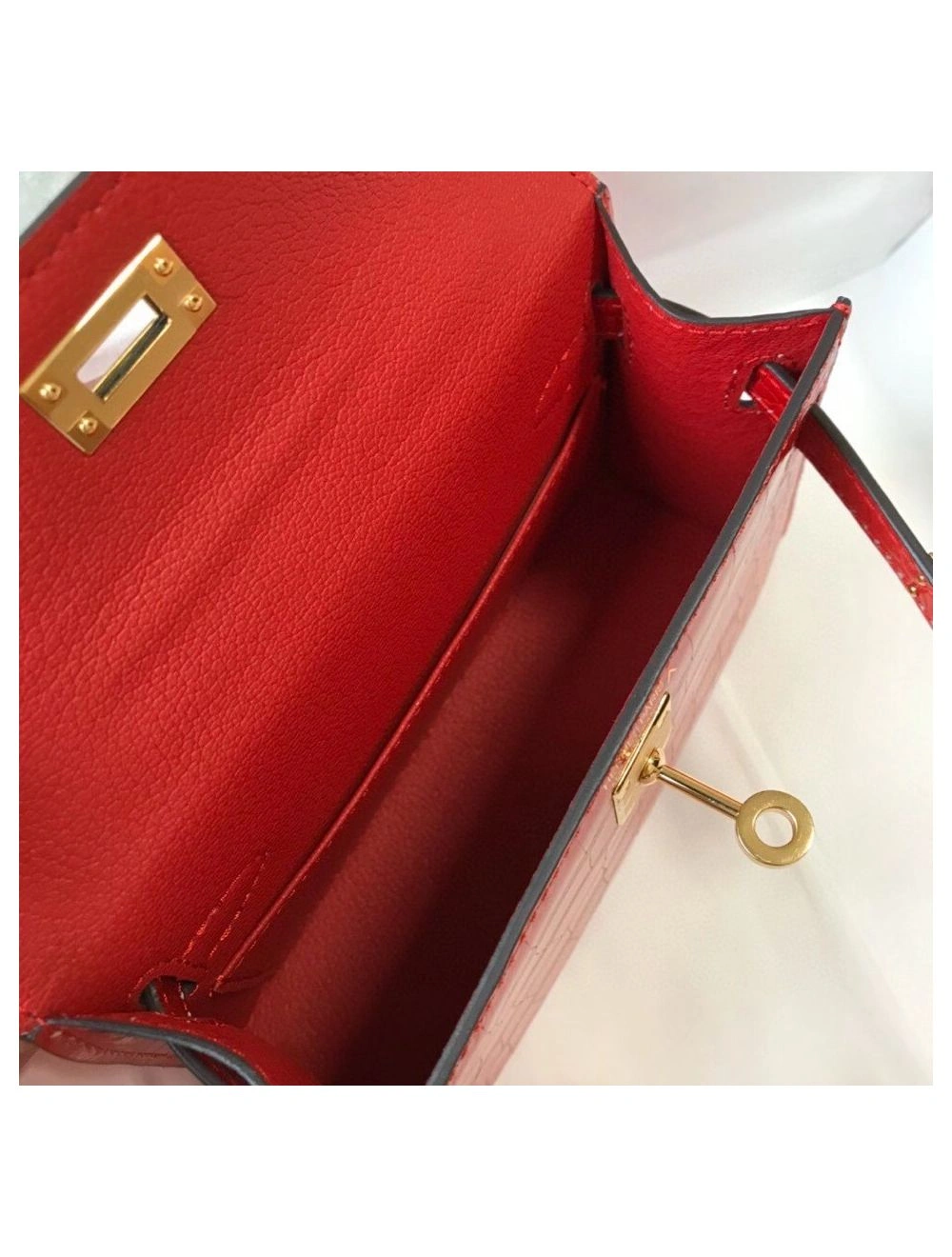 Hermes Kelly Mini II Bag In Red Embossed Crocodile Leather