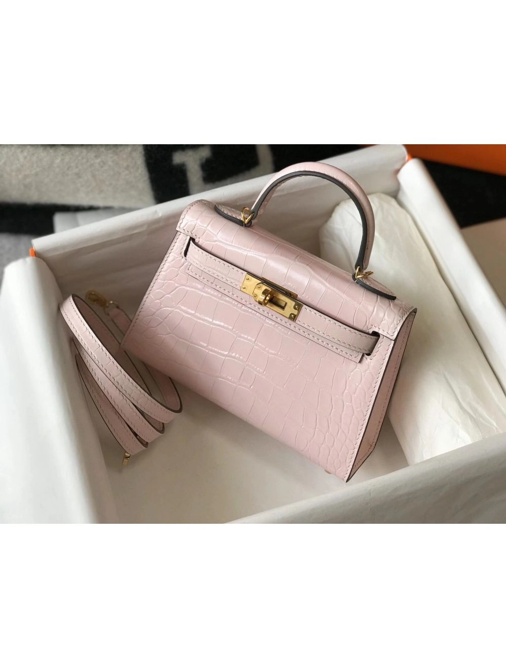 Hermes Kelly Mini II Bag In Rose Dragee Embossed Crocodile Leather