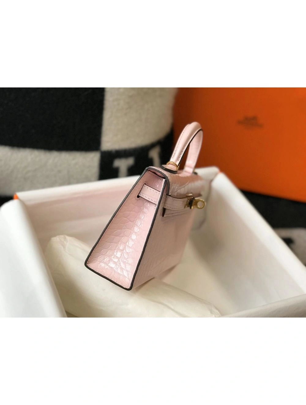 Hermes Kelly Mini II Bag In Rose Dragee Embossed Crocodile Leather