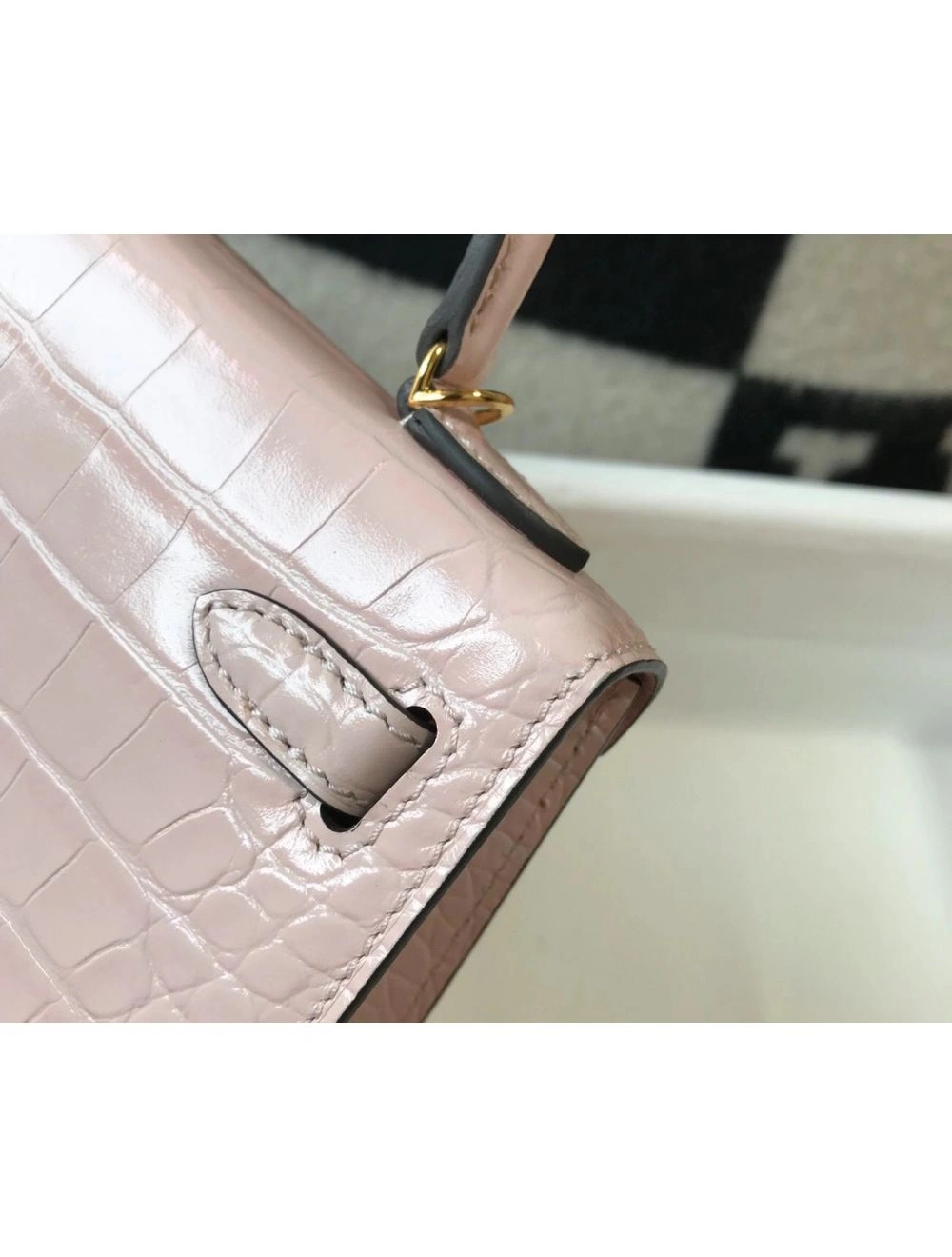 Hermes Kelly Mini II Bag In Rose Dragee Embossed Crocodile Leather