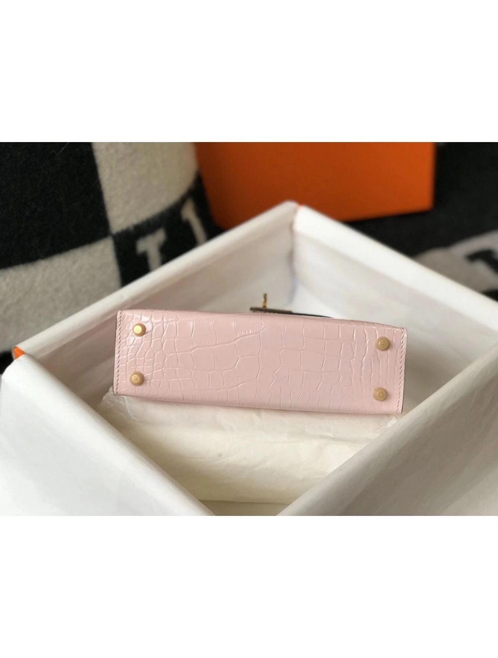 Hermes Kelly Mini II Bag In Rose Dragee Embossed Crocodile Leather