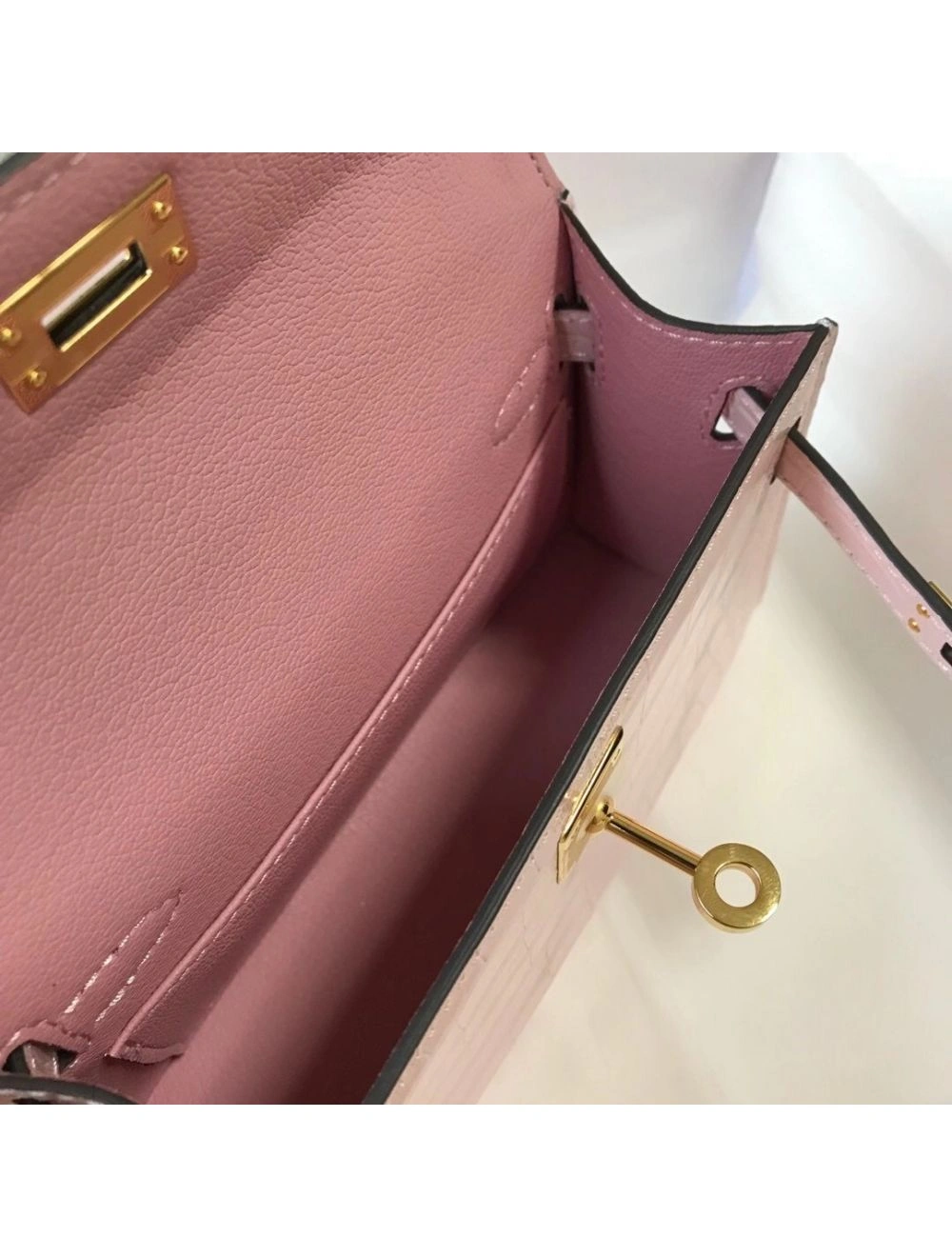 Hermes Kelly Mini II Bag In Rose Dragee Embossed Crocodile Leather
