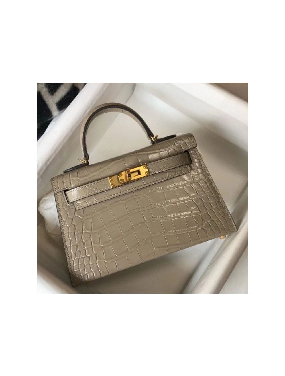 Hermes Kelly Mini II Bag In Taupe Embossed Crocodile Leather