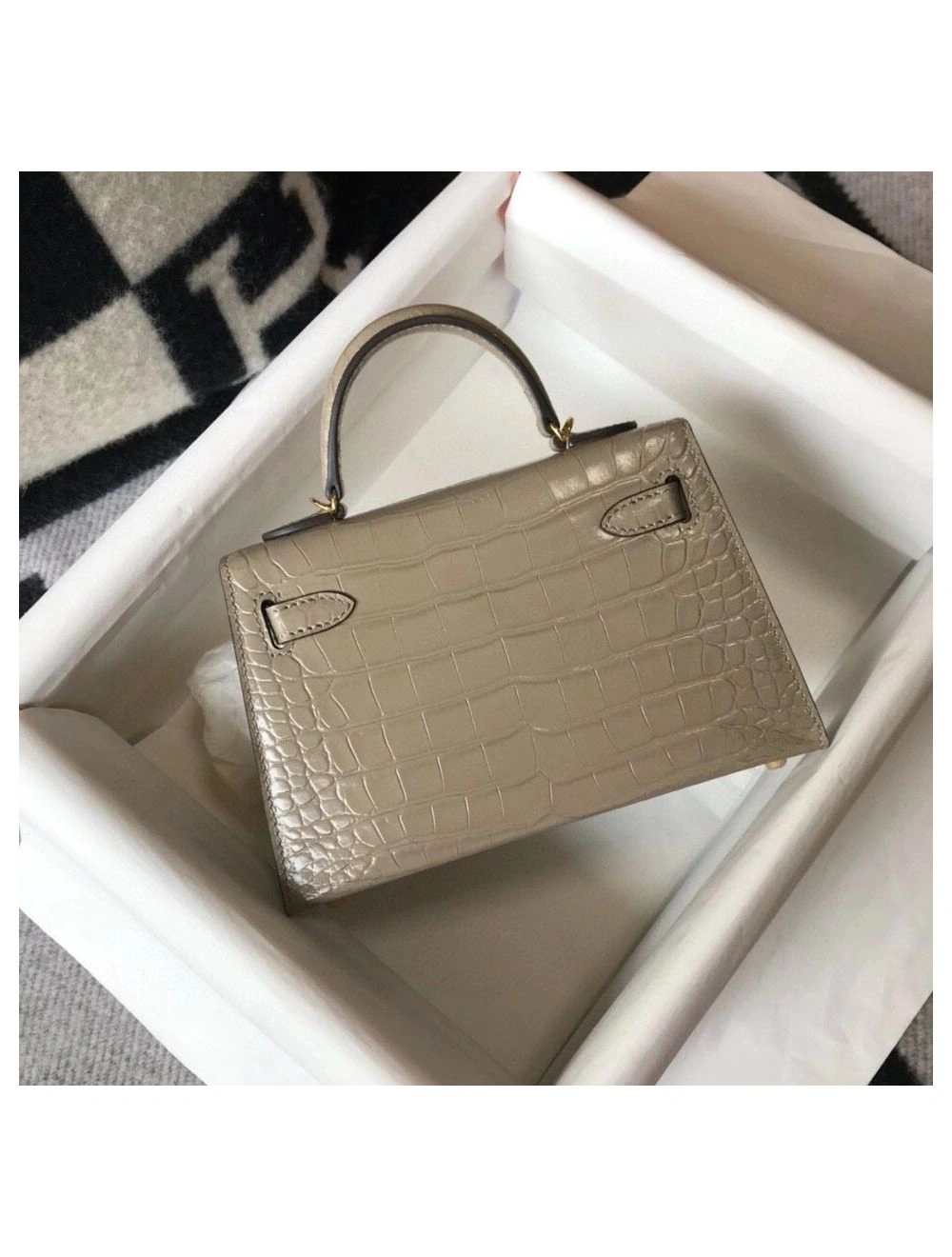 Hermes Kelly Mini II Bag In Taupe Embossed Crocodile Leather