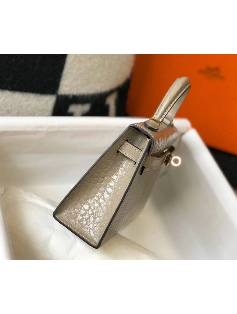 Hermes Kelly Mini II Bag In Taupe Embossed Crocodile Leather