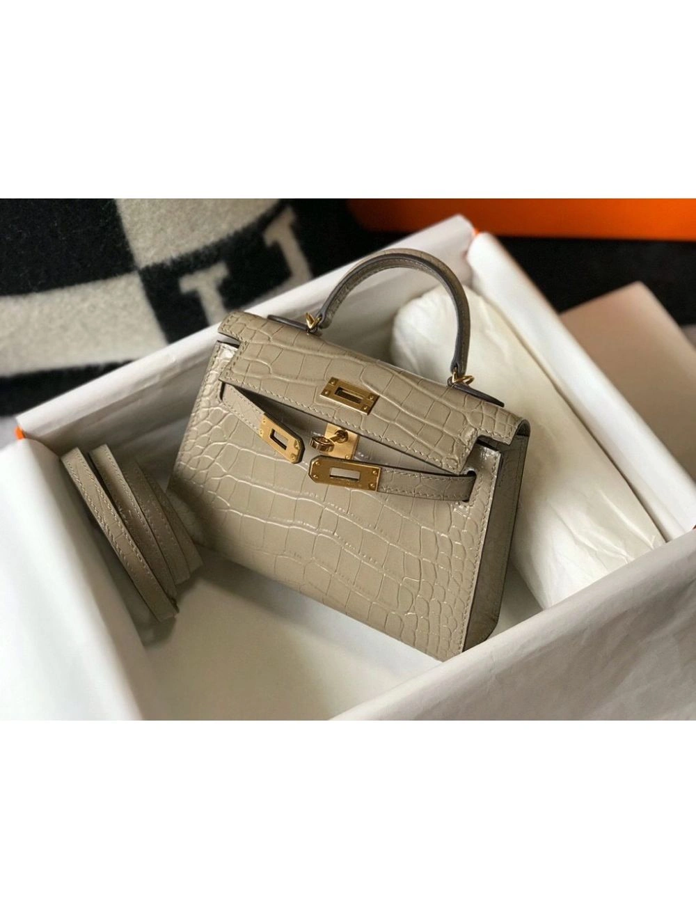 Hermes Kelly Mini II Bag In Taupe Embossed Crocodile Leather