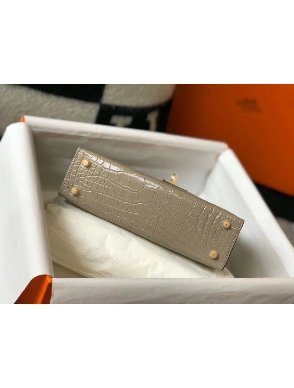 Hermes Kelly Mini II Bag In Taupe Embossed Crocodile Leather