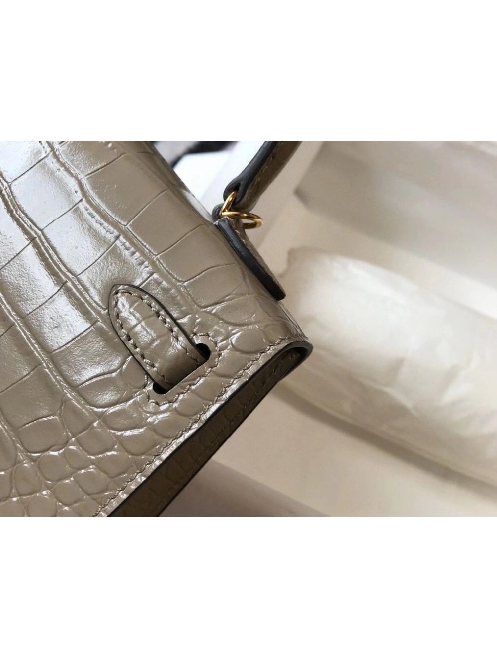 Hermes Kelly Mini II Bag In Taupe Embossed Crocodile Leather