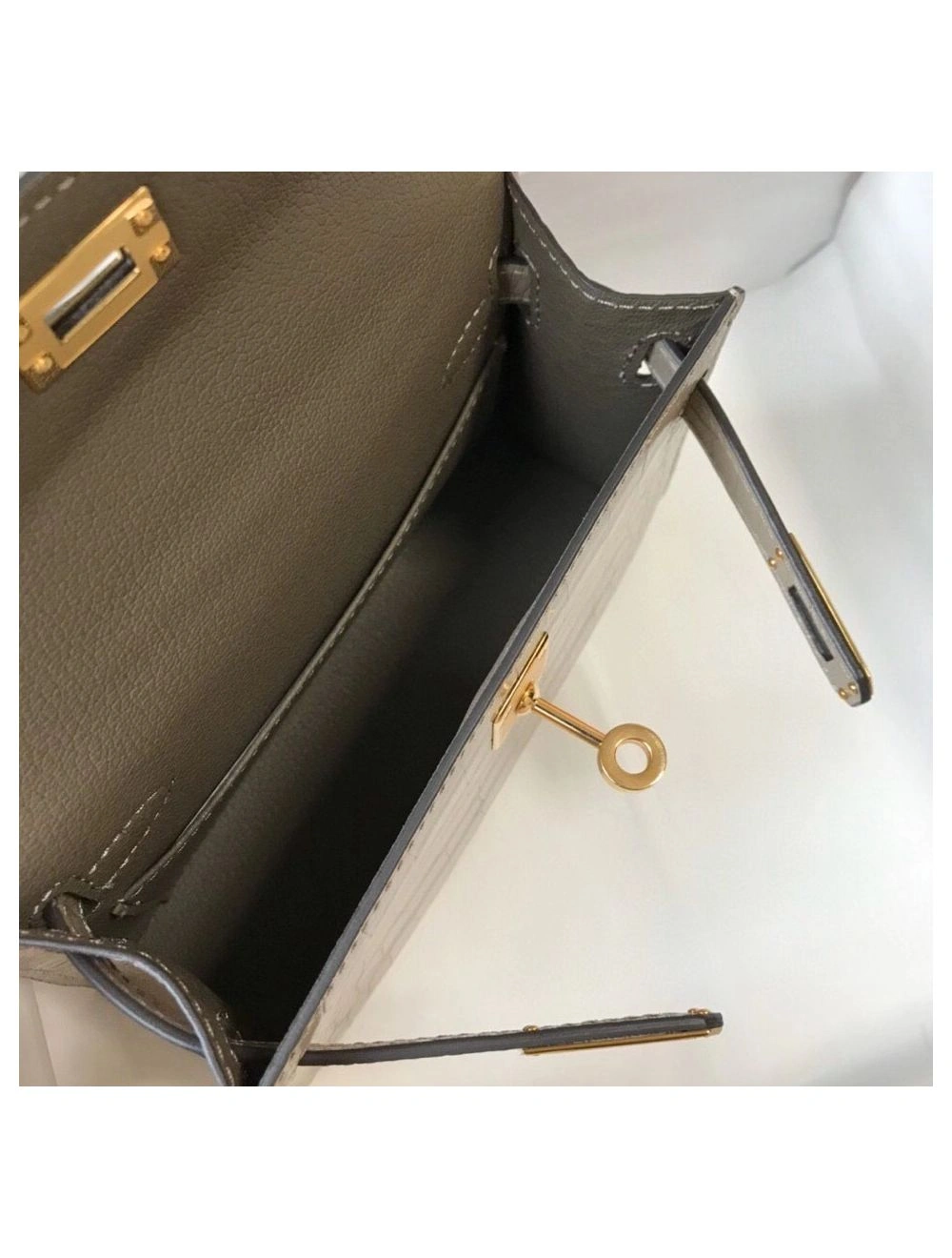 Hermes Kelly Mini II Bag In Taupe Embossed Crocodile Leather