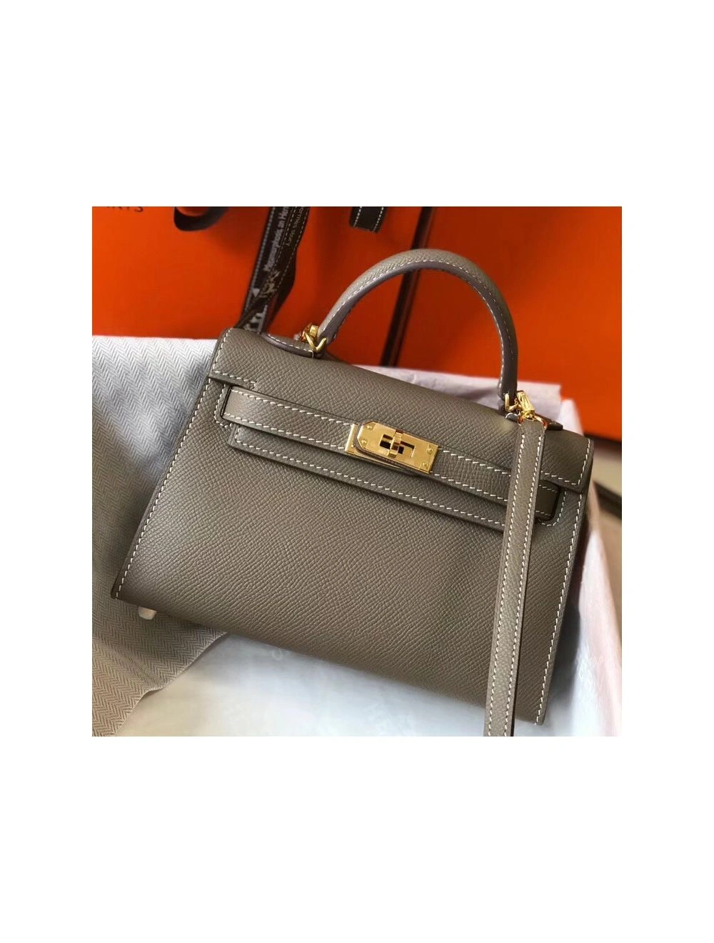 Hermes Kelly Mini II Bag In Taupe Grey Epsom Leather GHW