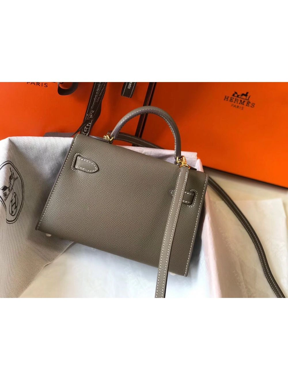 Hermes Kelly Mini II Bag In Taupe Grey Epsom Leather GHW