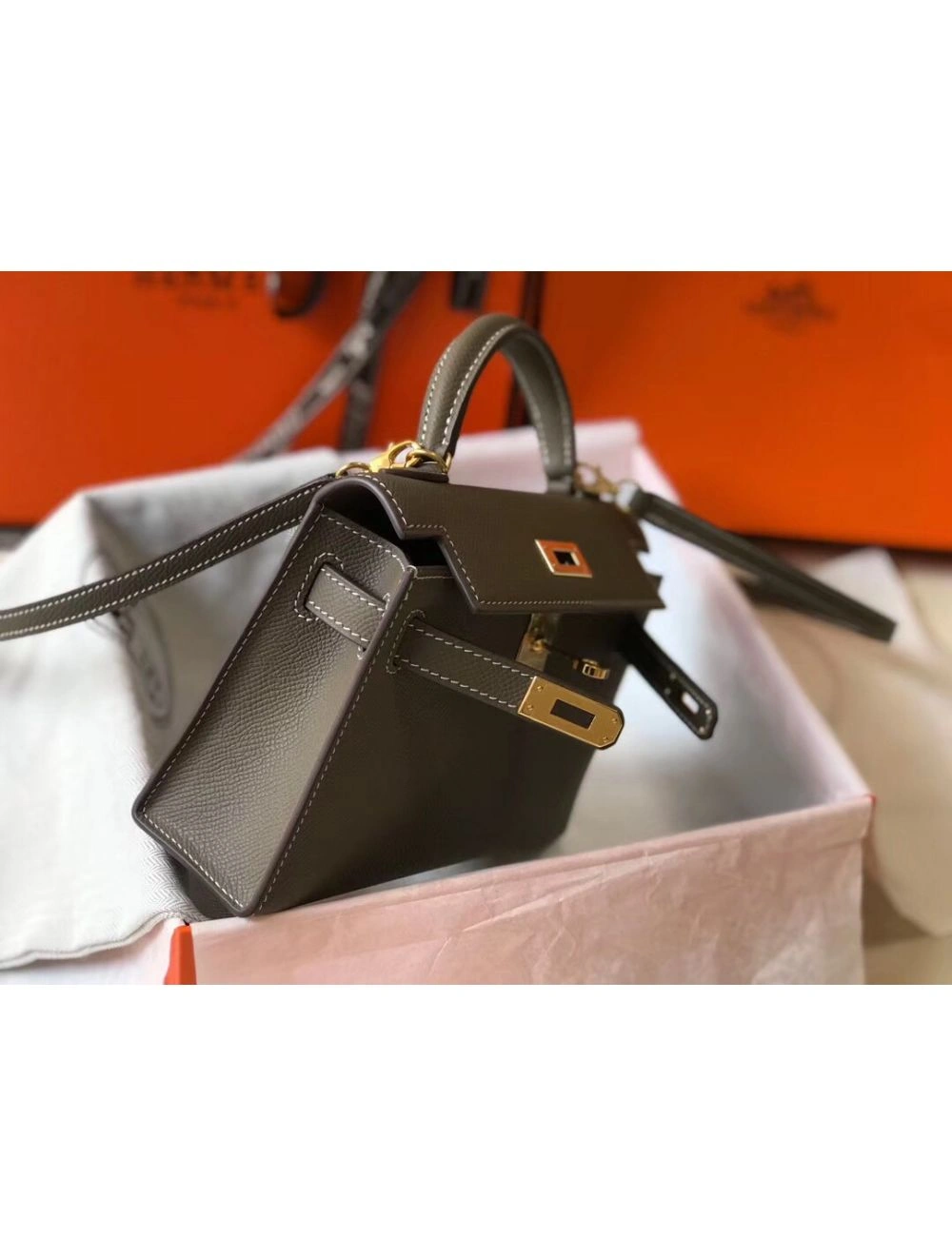 Hermes Kelly Mini II Bag In Taupe Grey Epsom Leather GHW