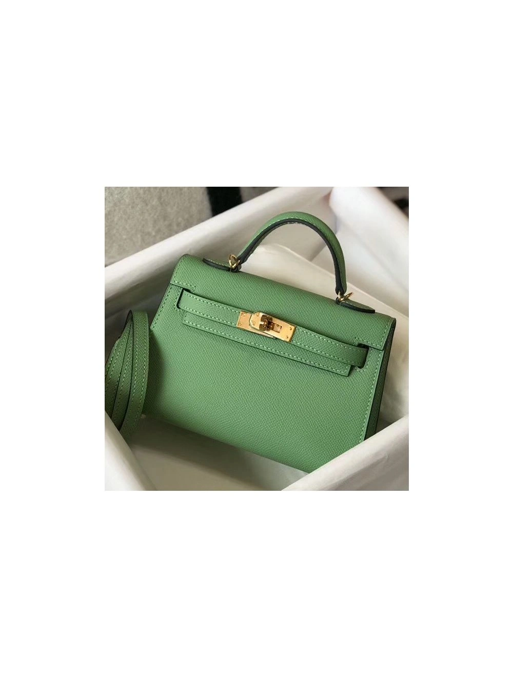 Hermes Kelly Mini II Bag In Vert Criquet Epsom Leather GHW