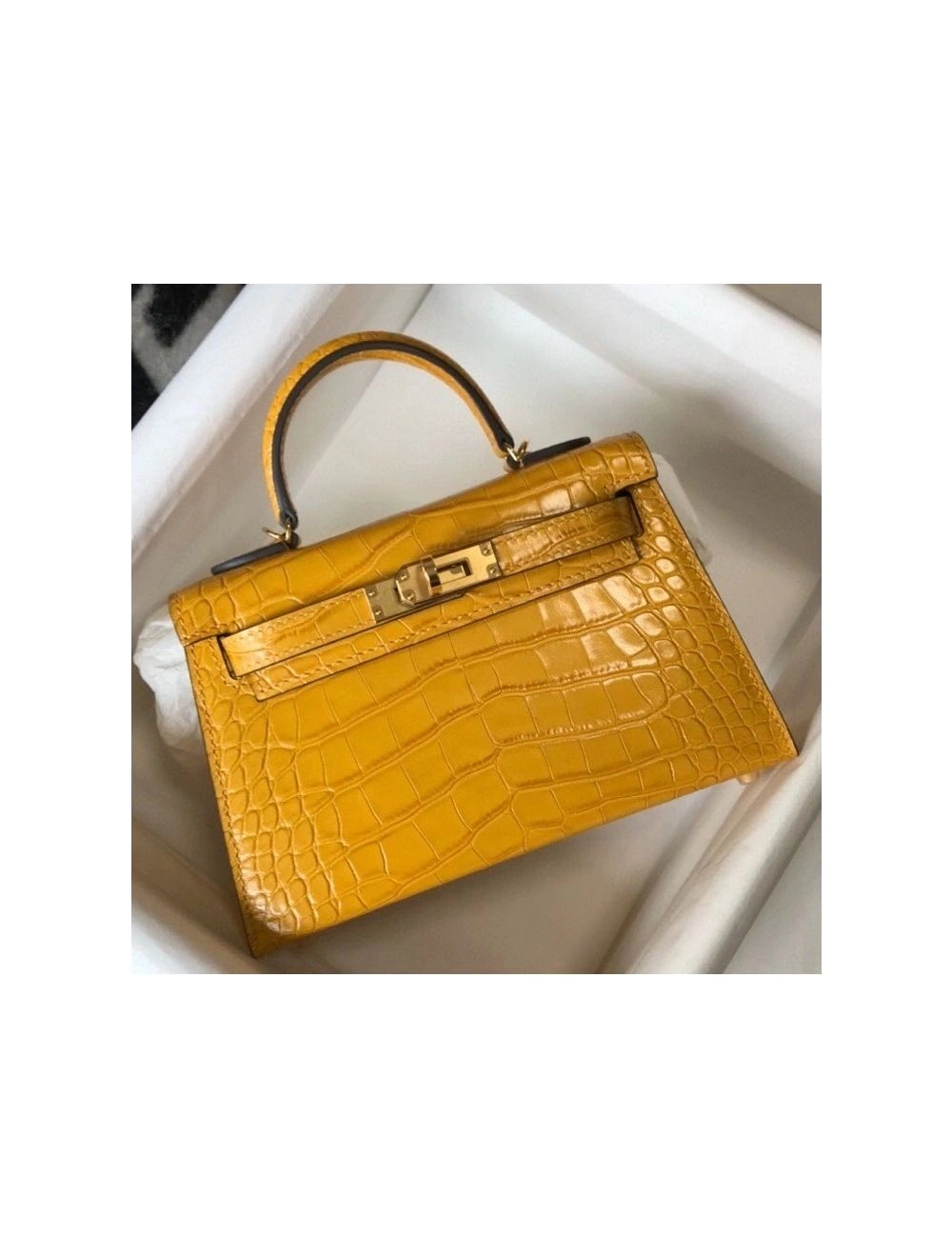 Hermes Kelly Mini II Bag In Yellow Embossed Crocodile Leather