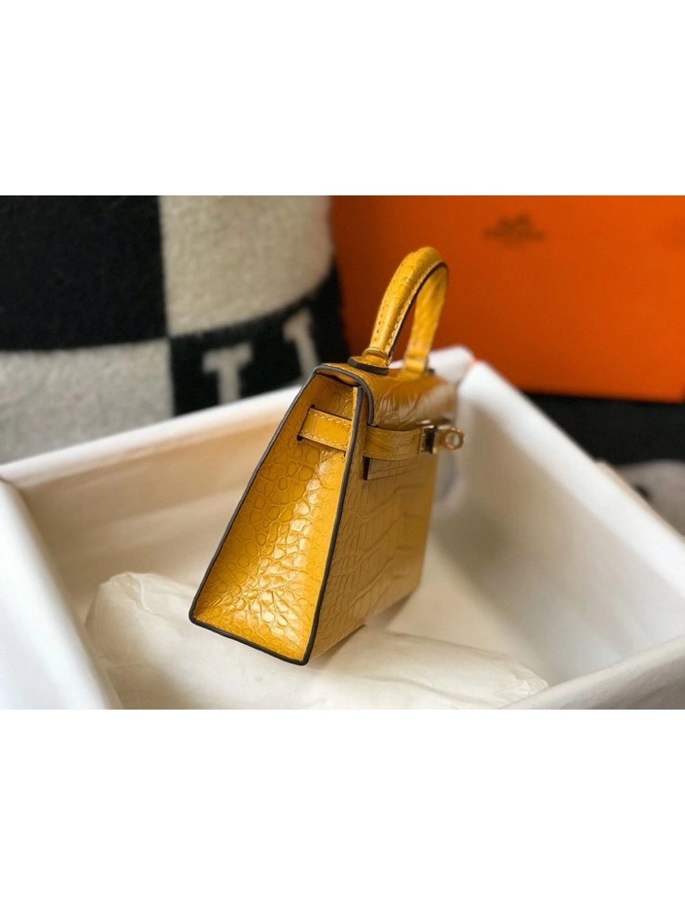 Hermes Kelly Mini II Bag In Yellow Embossed Crocodile Leather