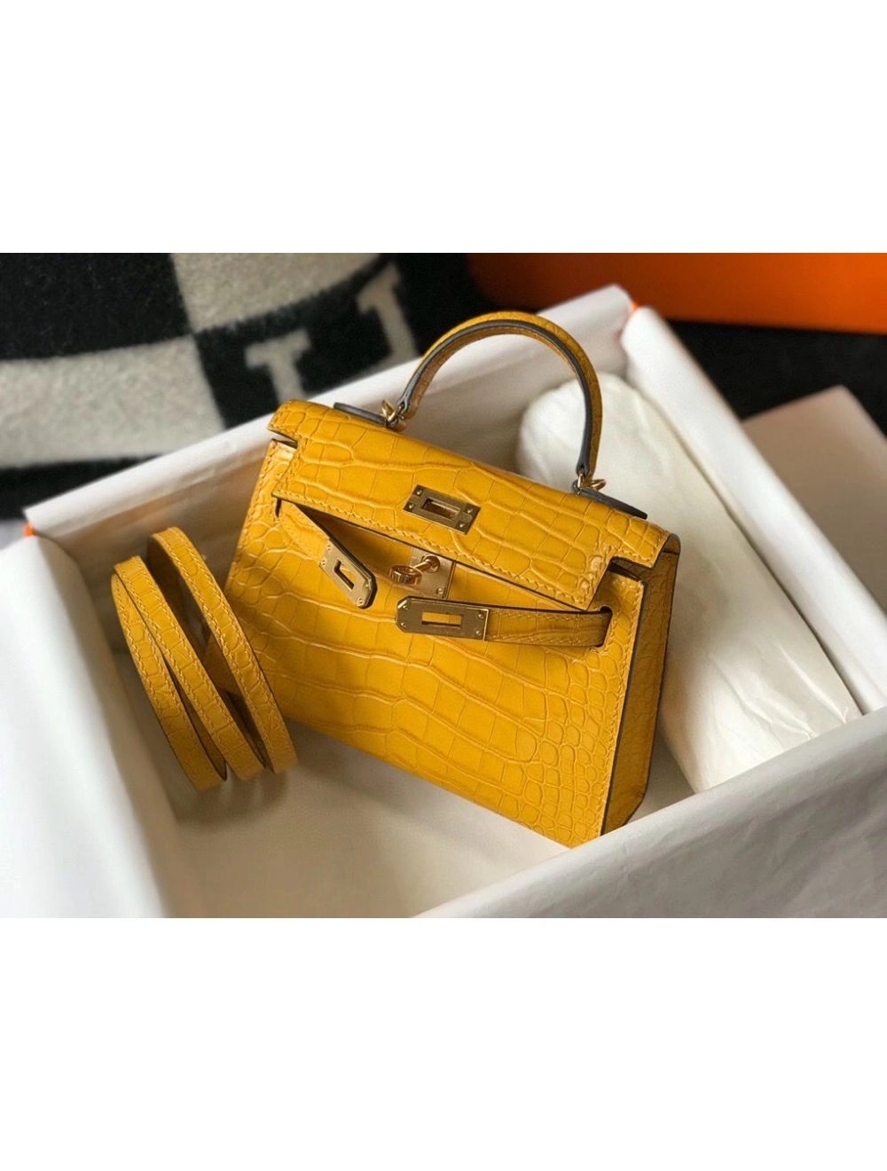 Hermes Kelly Mini II Bag In Yellow Embossed Crocodile Leather