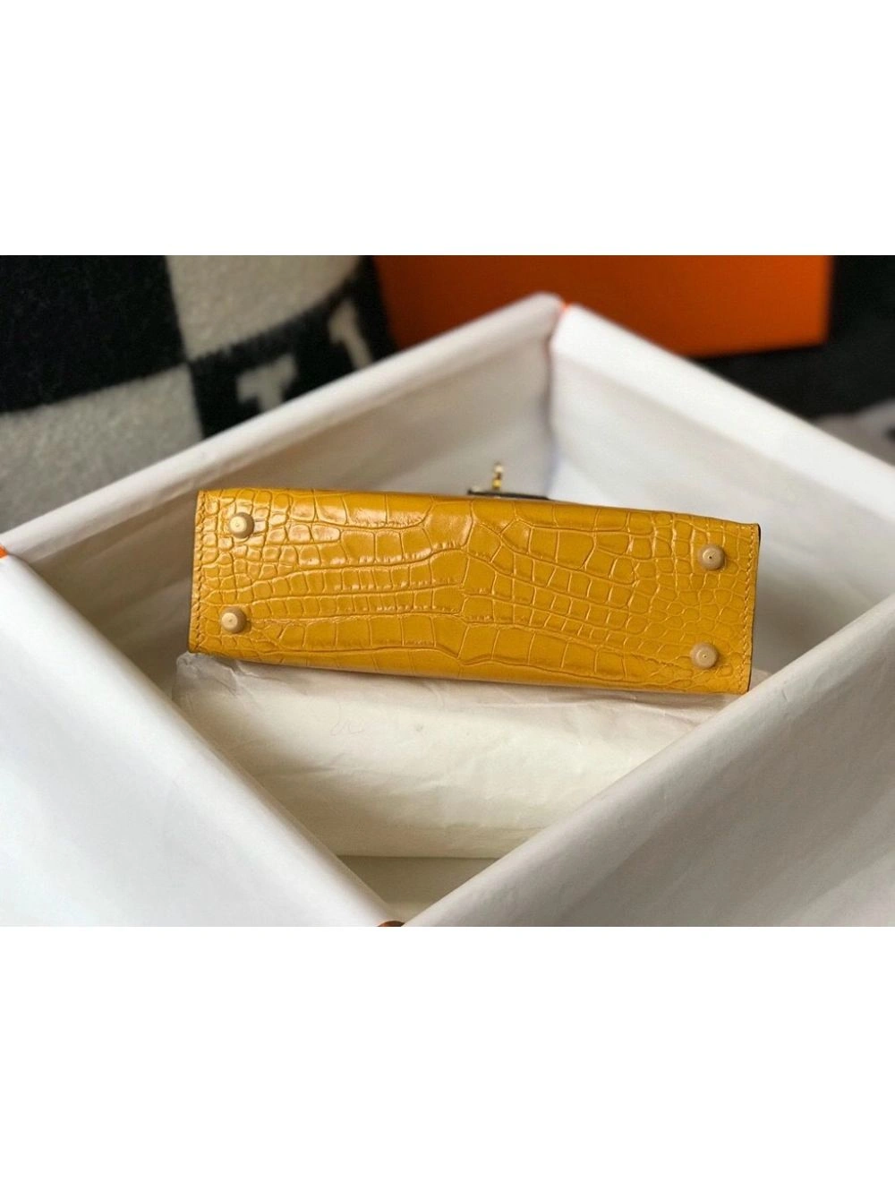 Hermes Kelly Mini II Bag In Yellow Embossed Crocodile Leather