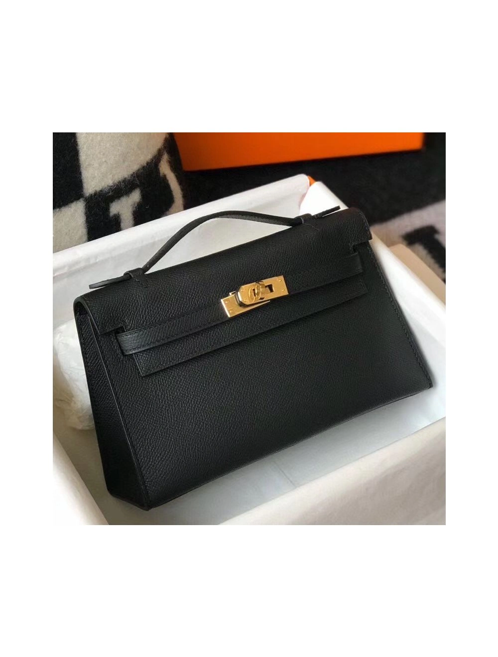 Hermes Kelly Pochette Bag In Black Epsom Leather