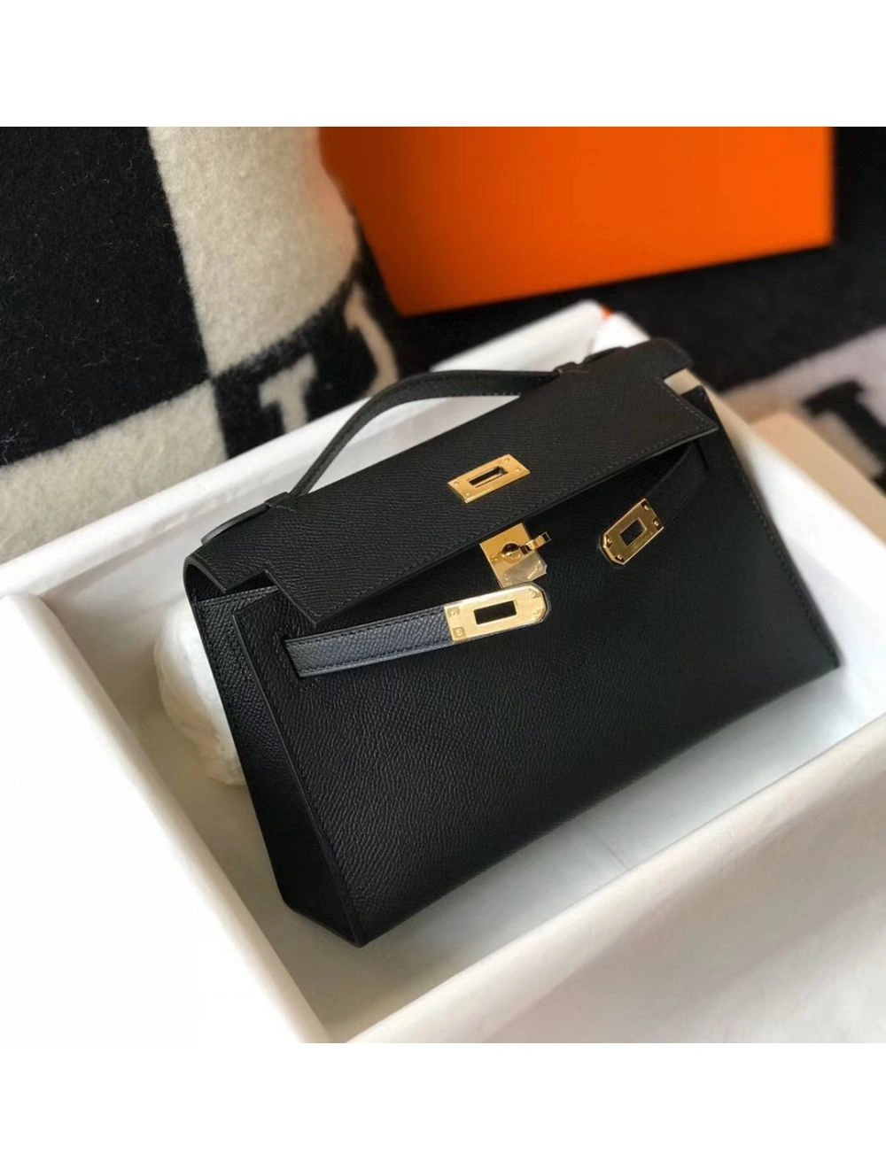 Hermes Kelly Pochette Bag In Black Epsom Leather