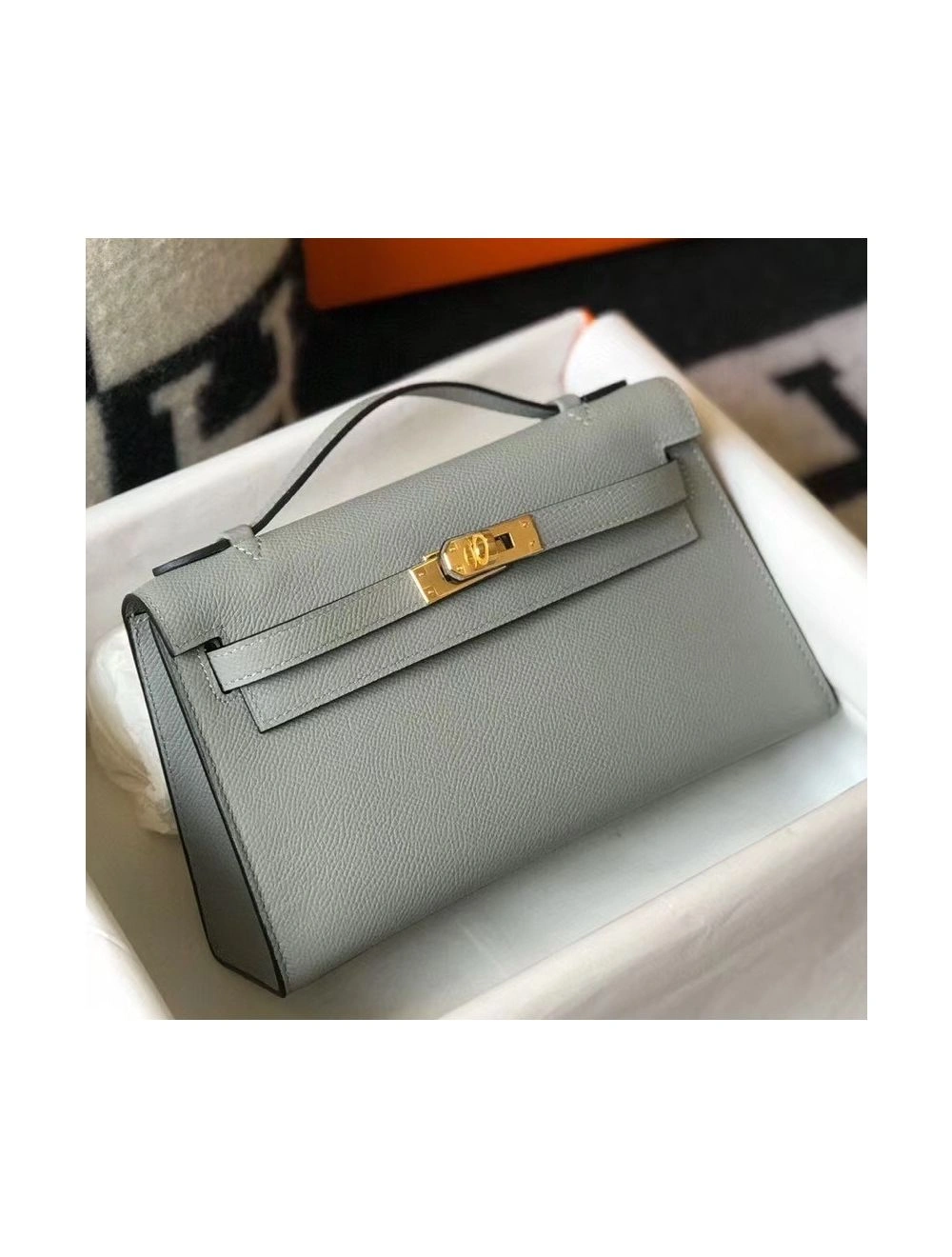 Hermes Kelly Pochette Bag In Blue Glacier Epsom Leather