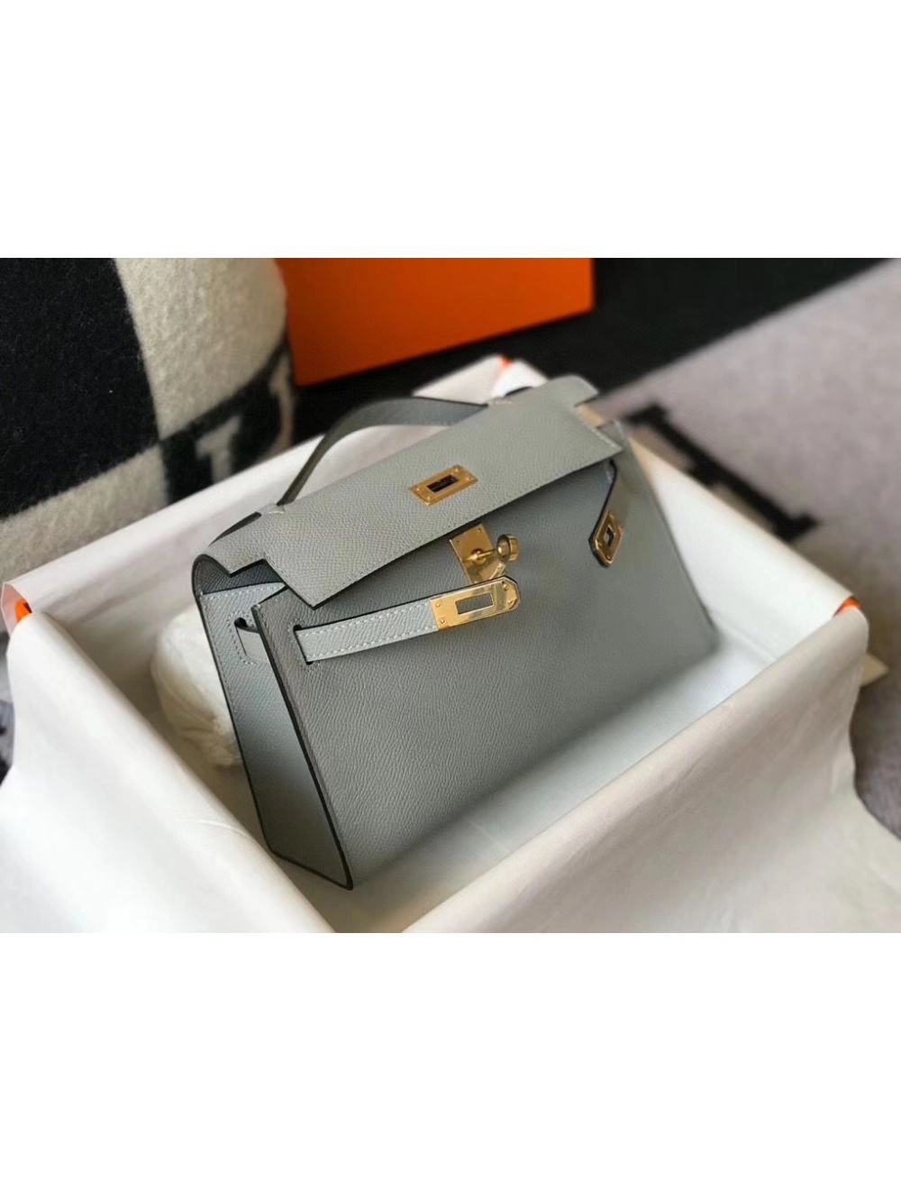 Hermes Kelly Pochette Bag In Blue Glacier Epsom Leather