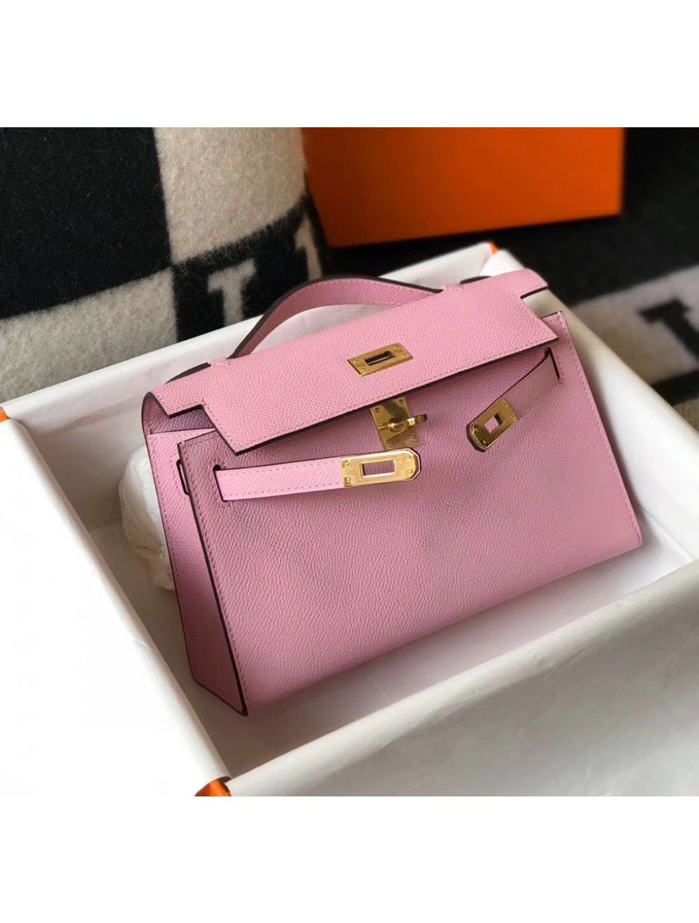 Hermes Kelly Pochette Bag In Mauve Sylvestre Epsom Leather