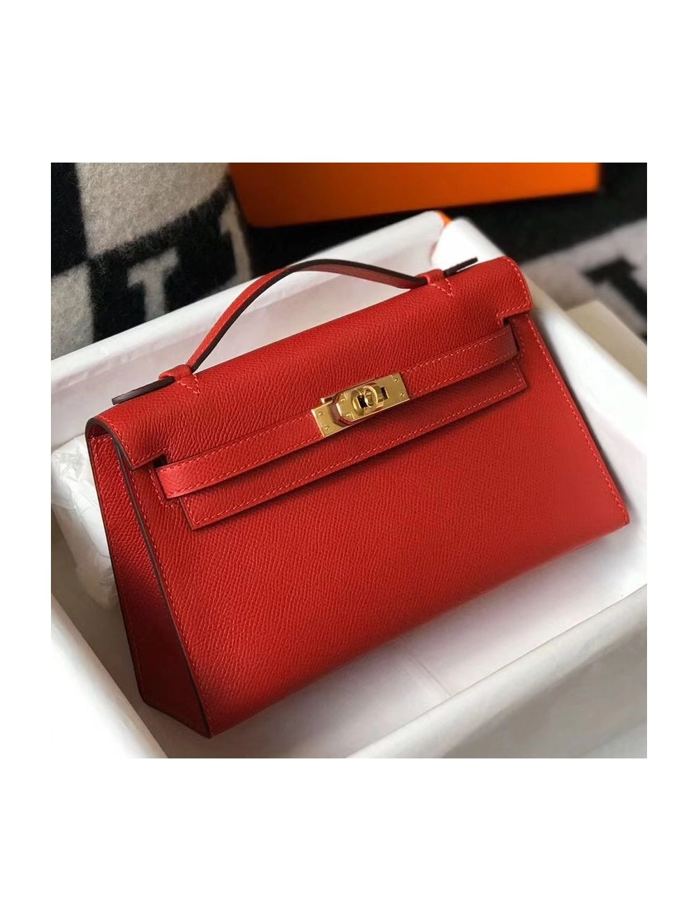 Hermes Kelly Pochette Bag In Red Epsom Leather