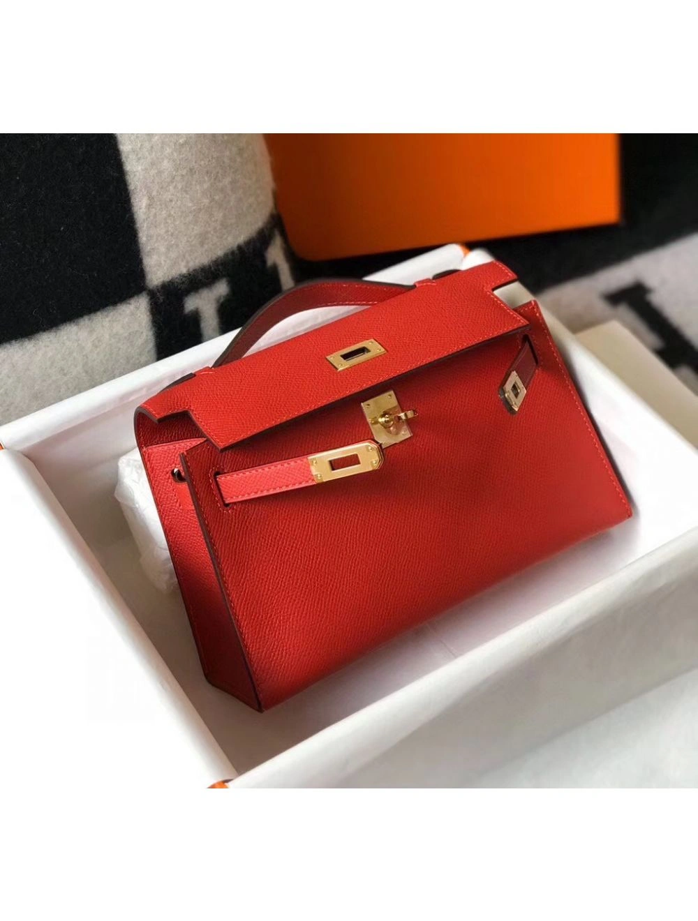 Hermes Kelly Pochette Bag In Red Epsom Leather