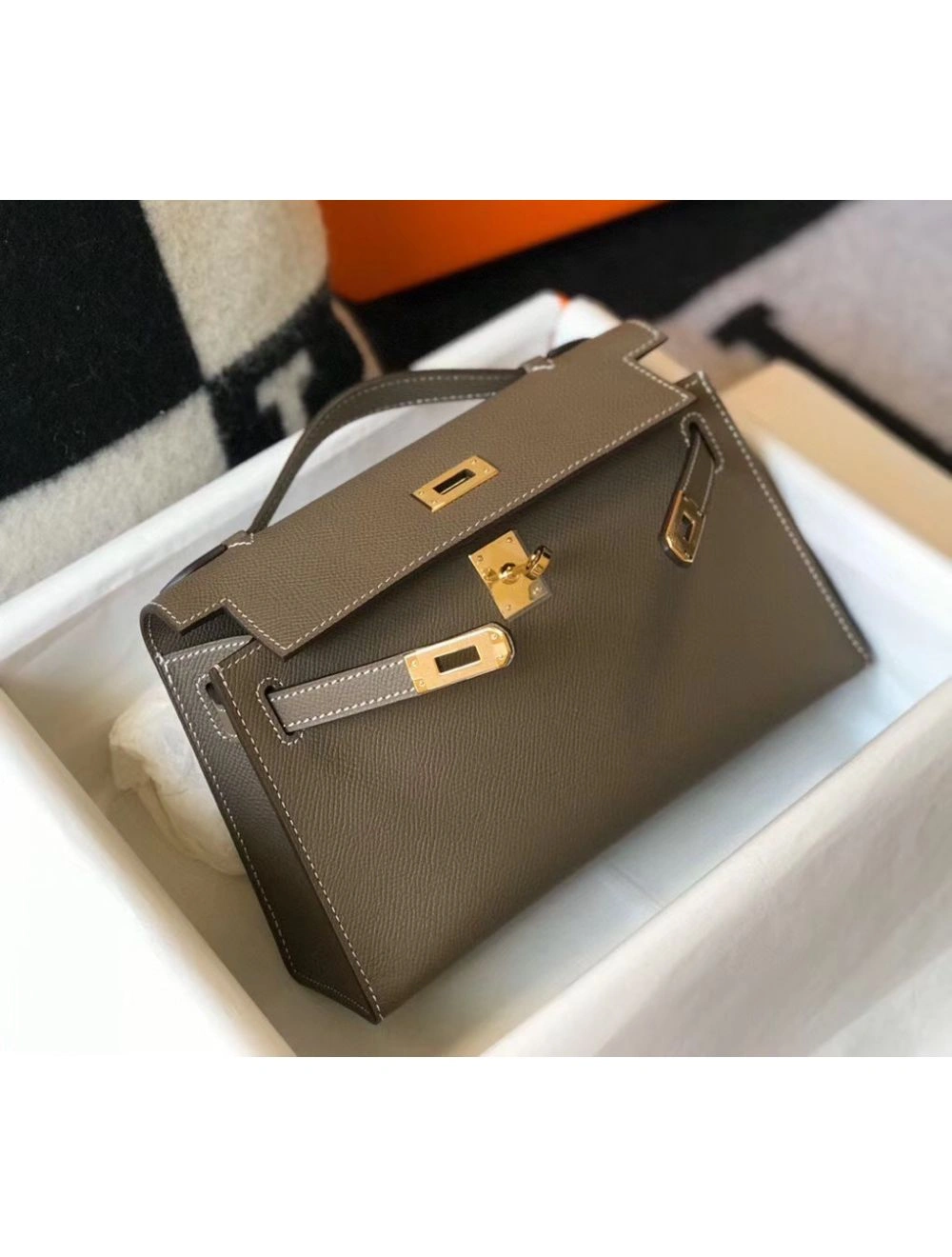 Hermes Kelly Pochette Bag In Taupe Grey Epsom Leather