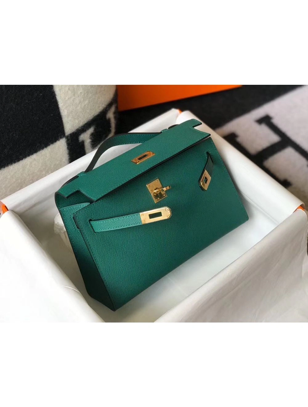 Hermes Kelly Pochette Bag In Vert Veronese Epsom Leather