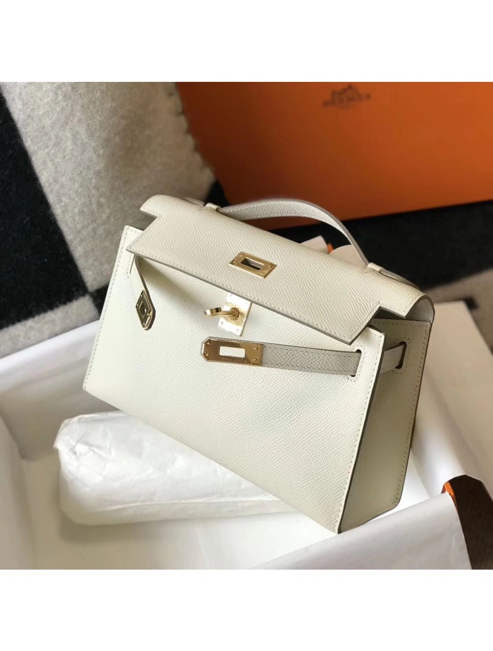 Hermes Kelly Pochette Bag In off-white Epsom Leather