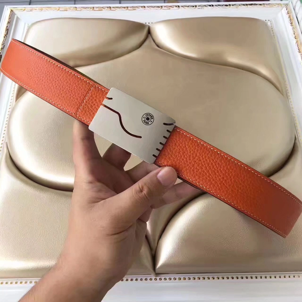 Hermes Leather Reversible Orange Belt With Silver Buckle 009