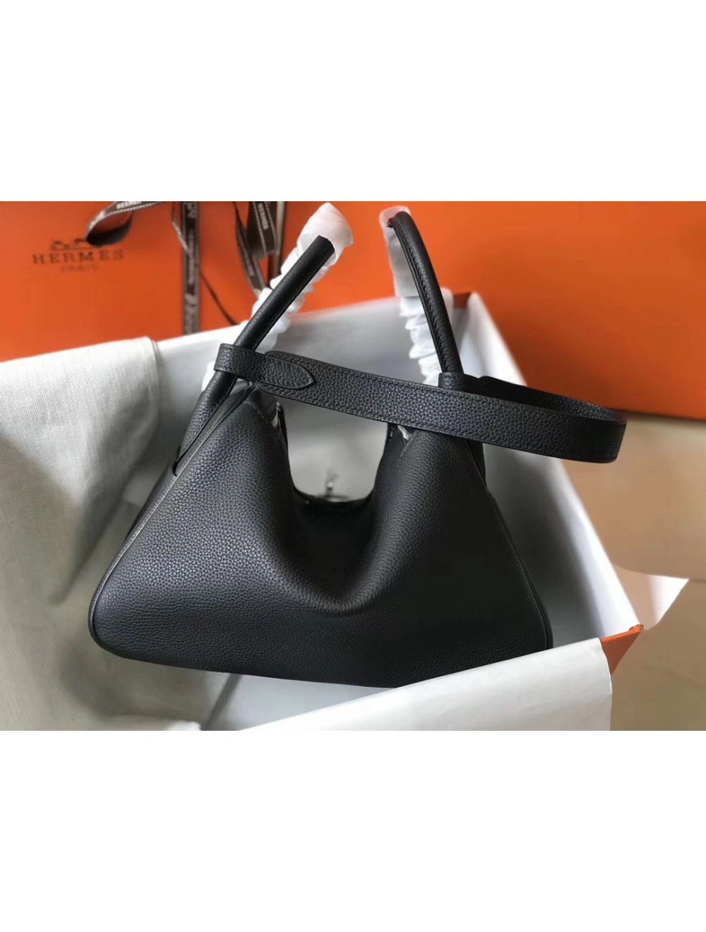 Hermes Lindy 26cm Bag In Black Clemence Leather