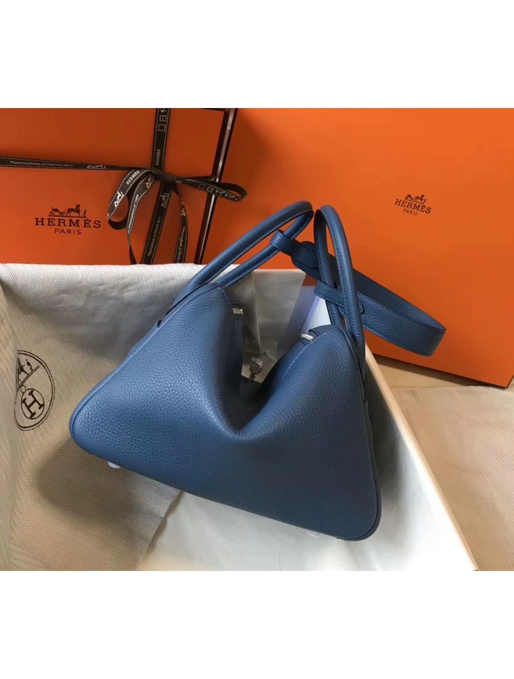 Hermes Lindy 26cm Bag In Blue Agate Clemence Leather PHW