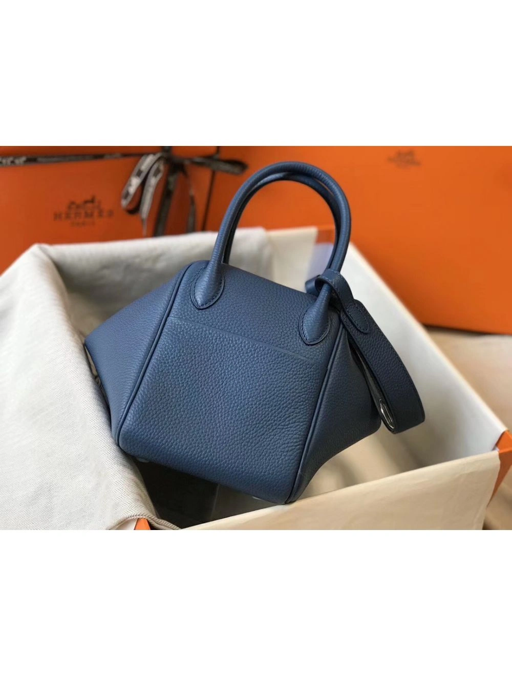 Hermes Lindy 26cm Bag In Blue Agate Clemence Leather PHW