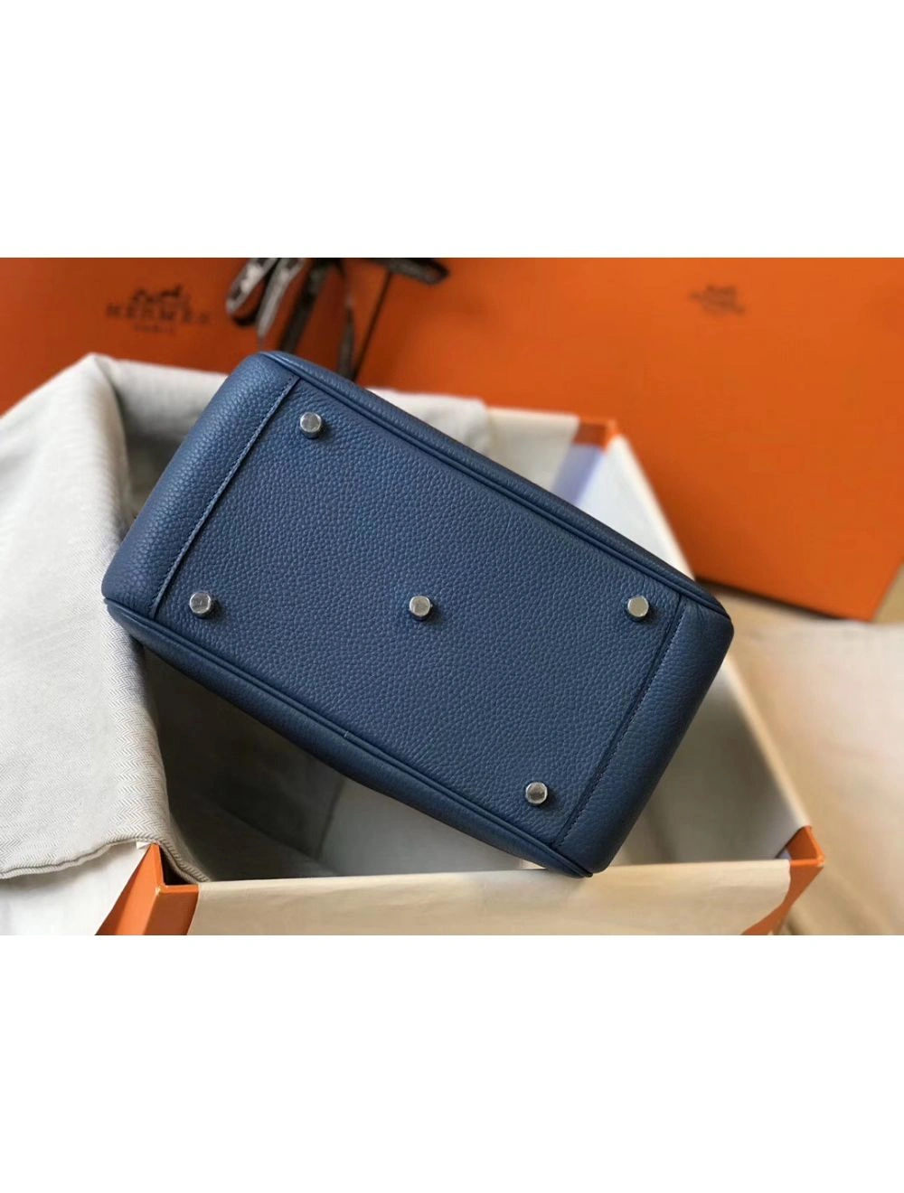 Hermes Lindy 26cm Bag In Blue Agate Clemence Leather PHW