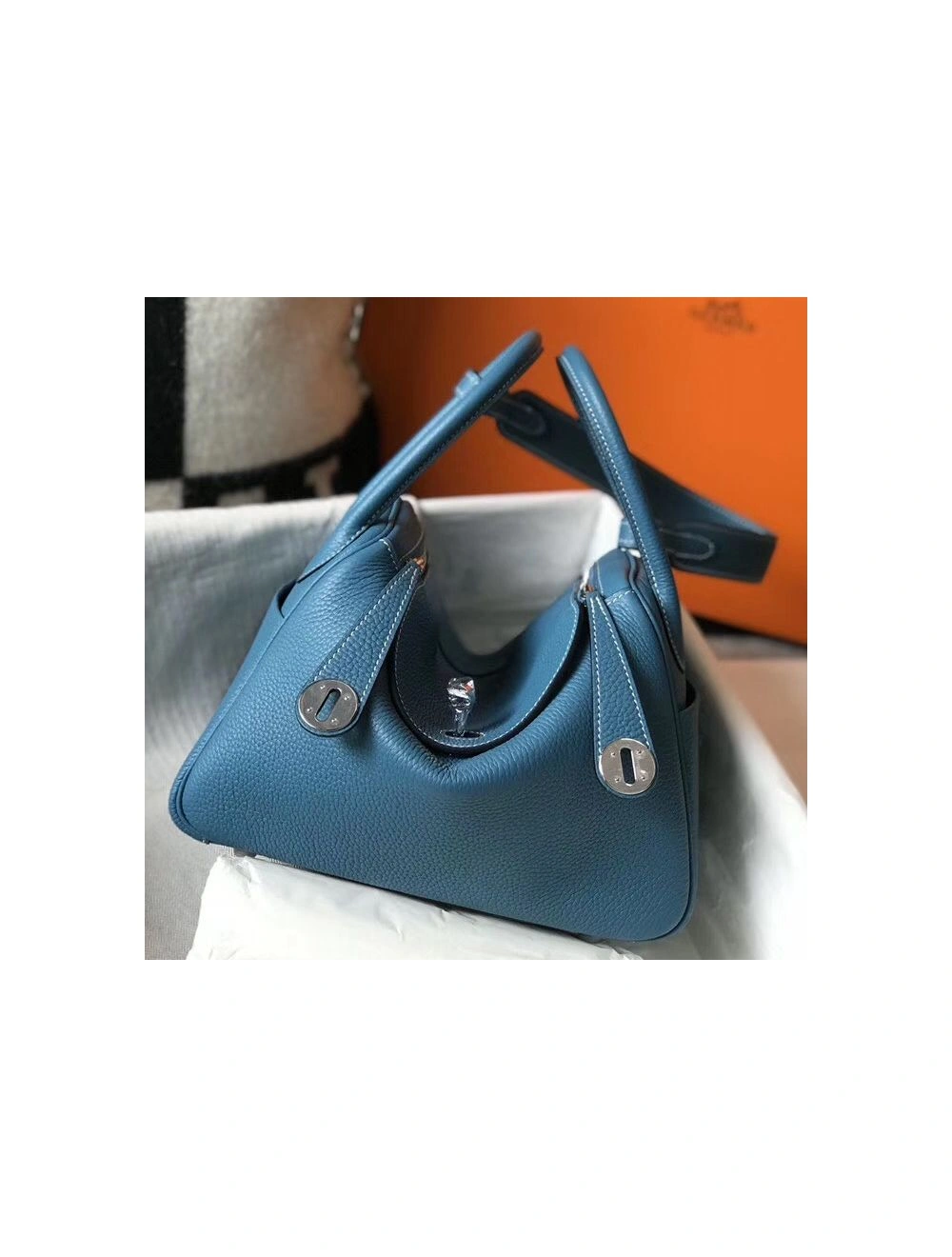 Hermes Lindy 26cm Bag In Blue Jean Clemence Leather PHW