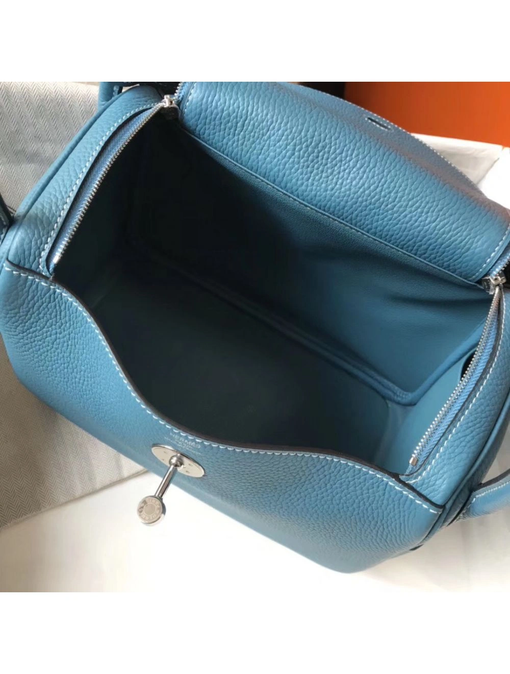 Hermes Lindy 26cm Bag In Blue Jean Clemence Leather PHW