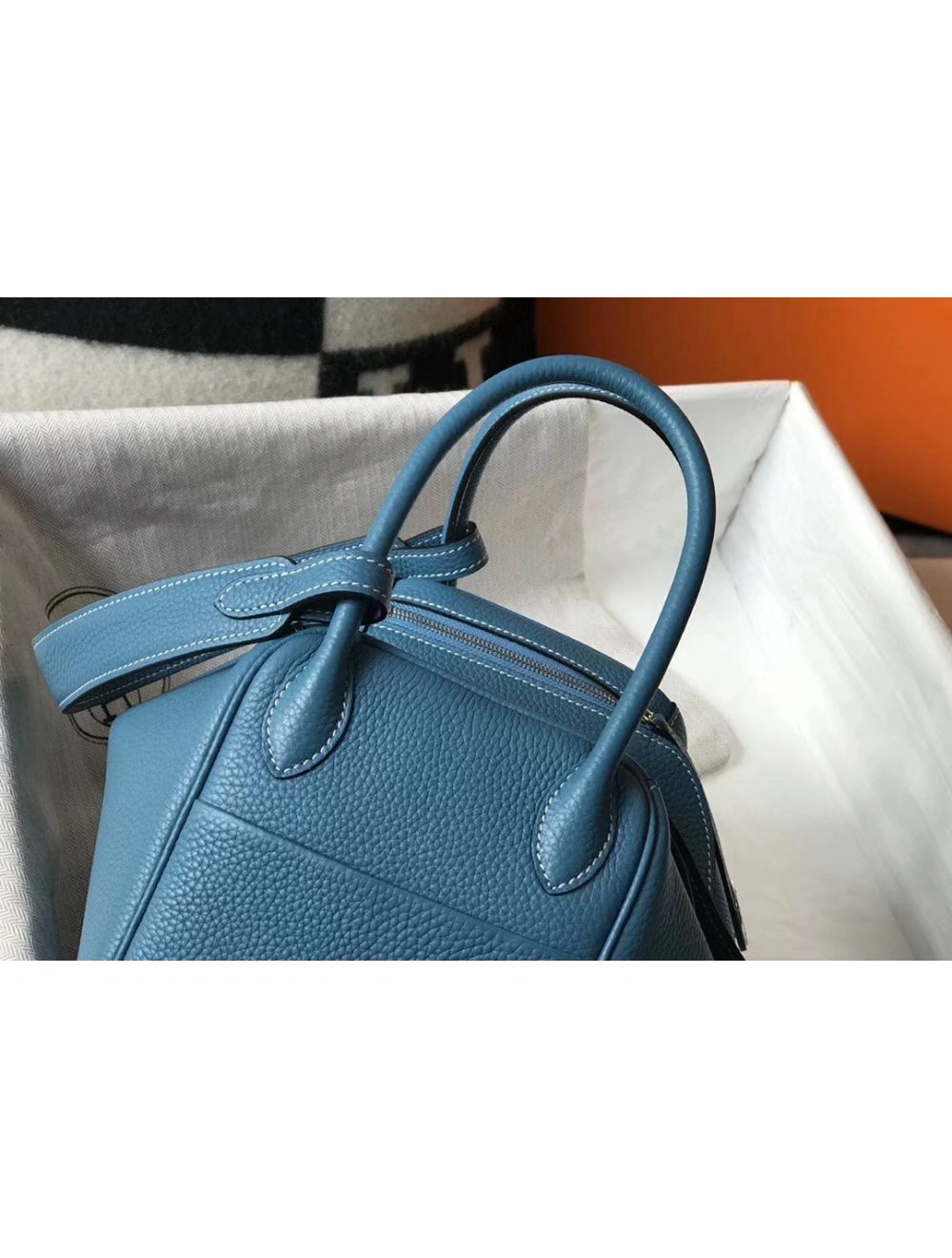 Hermes Lindy 26cm Bag In Blue Jean Clemence Leather PHW