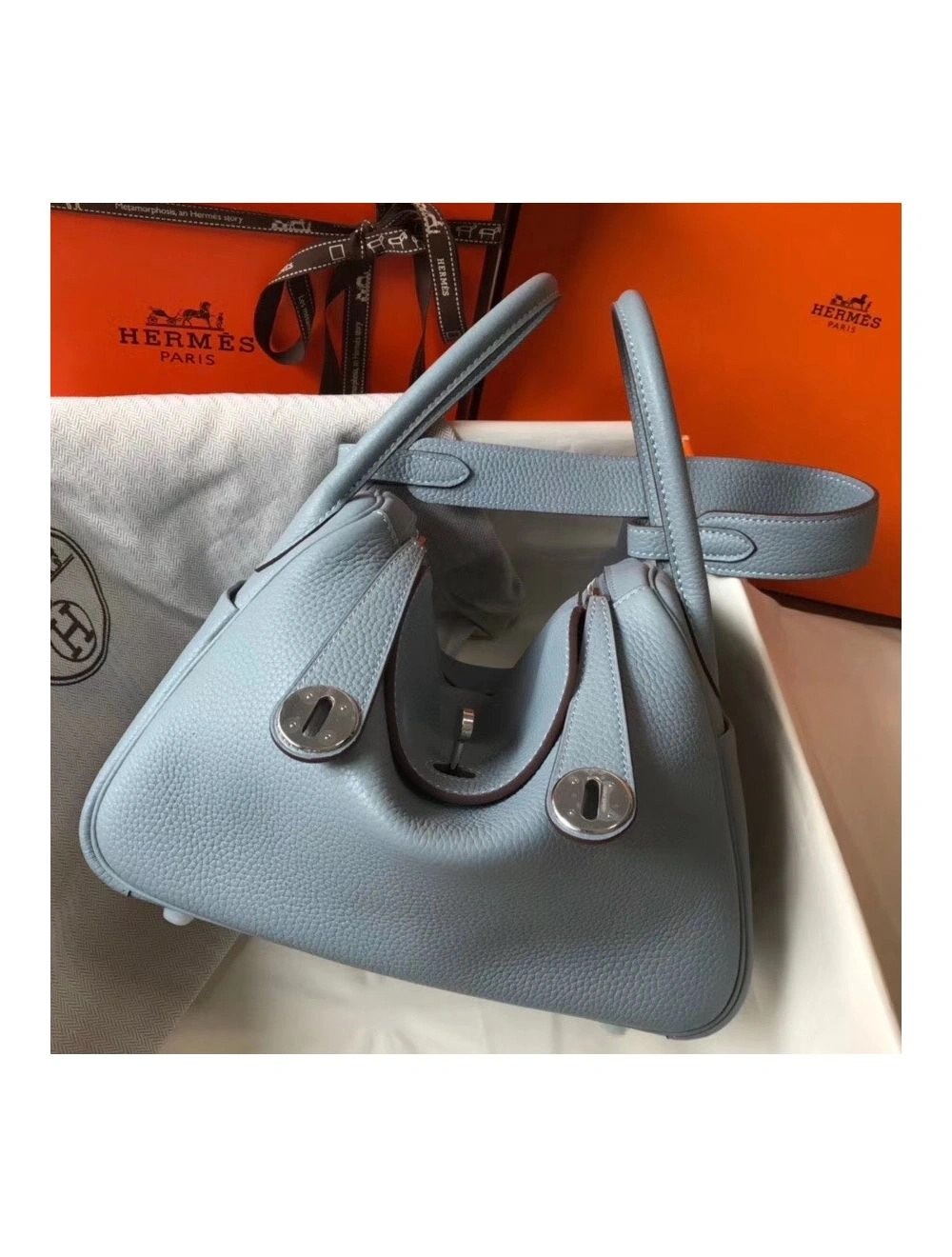 Hermes Lindy 26cm Bag In Blue Lin Clemence Leather PHW