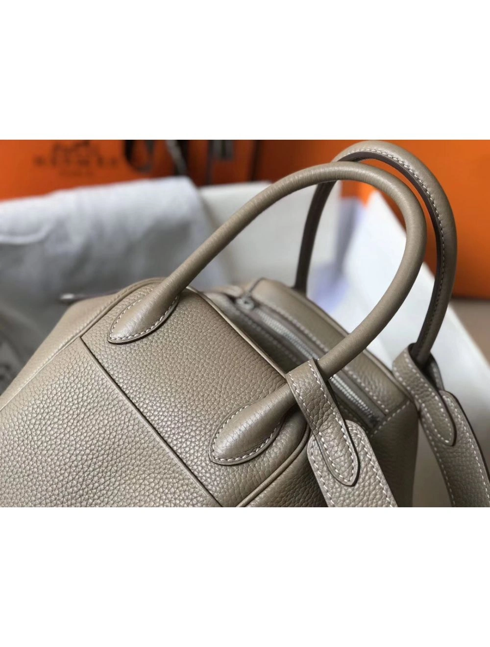 Hermes Lindy 26cm Bag In Gris Tourterelle Clemence Leather PHW
