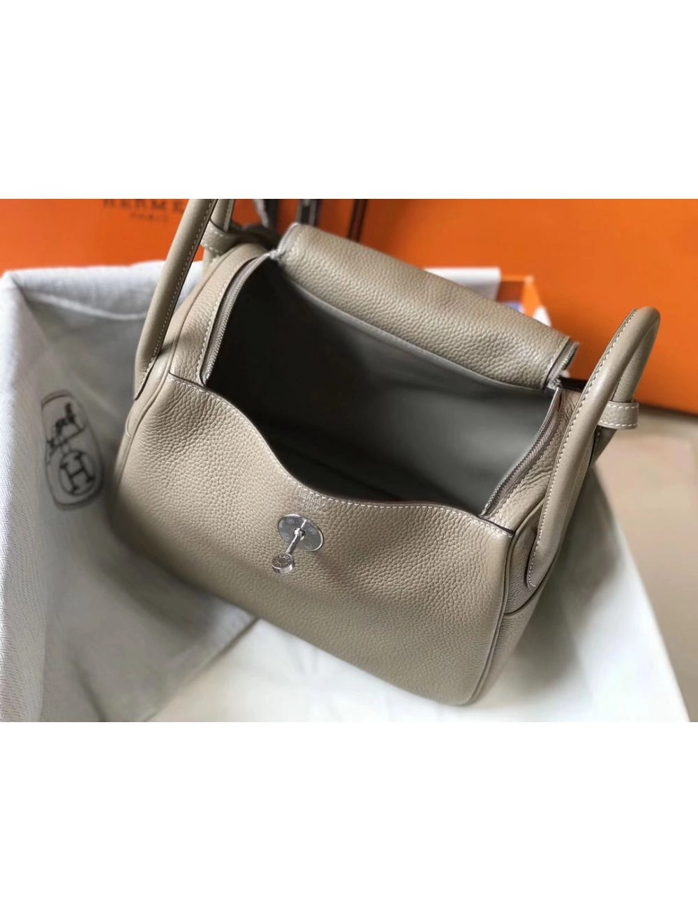 Hermes Lindy 26cm Bag In Gris Tourterelle Clemence Leather PHW