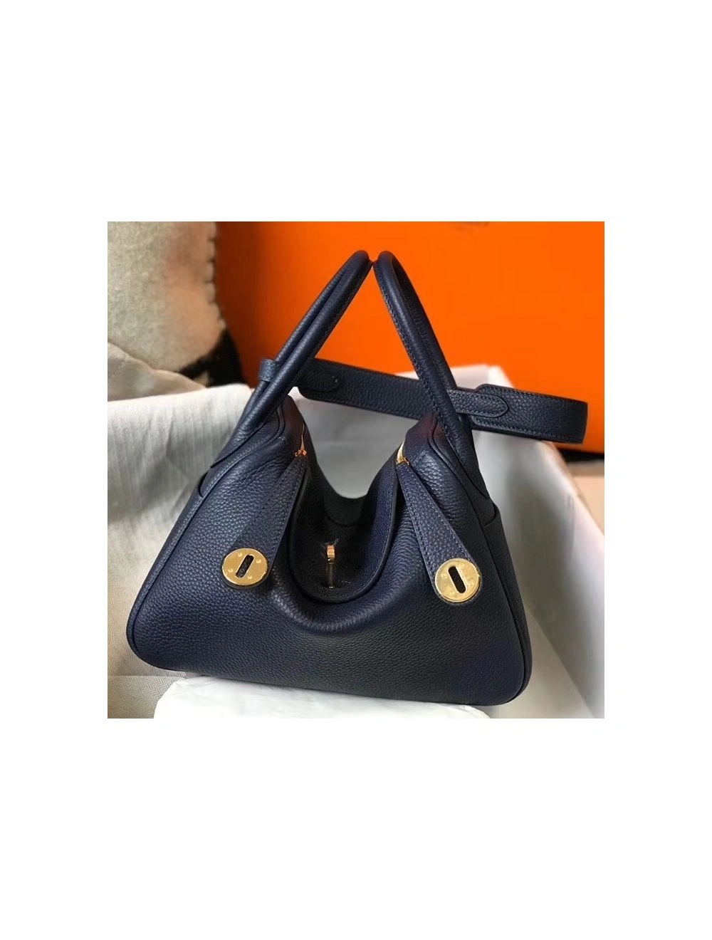 Hermes Lindy 26cm Bag In Navy Blue Clemence Leather GHW