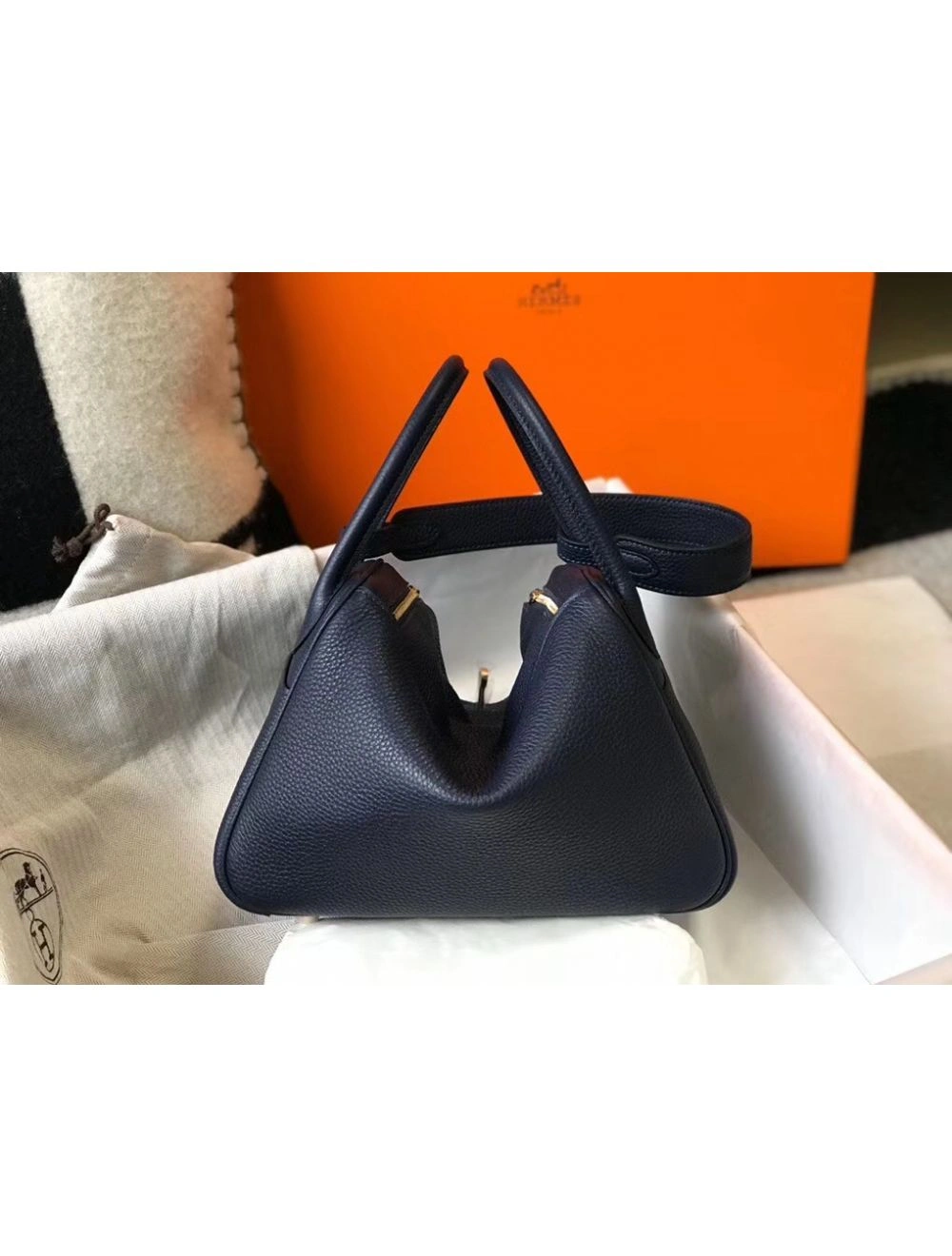 Hermes Lindy 26cm Bag In Navy Blue Clemence Leather GHW