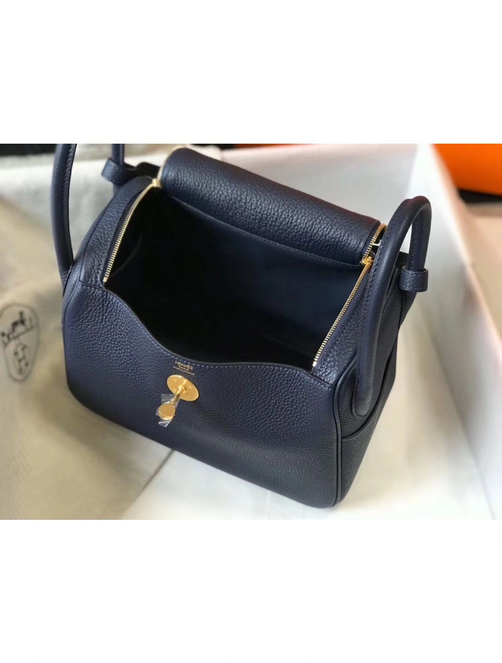 Hermes Lindy 26cm Bag In Navy Blue Clemence Leather GHW