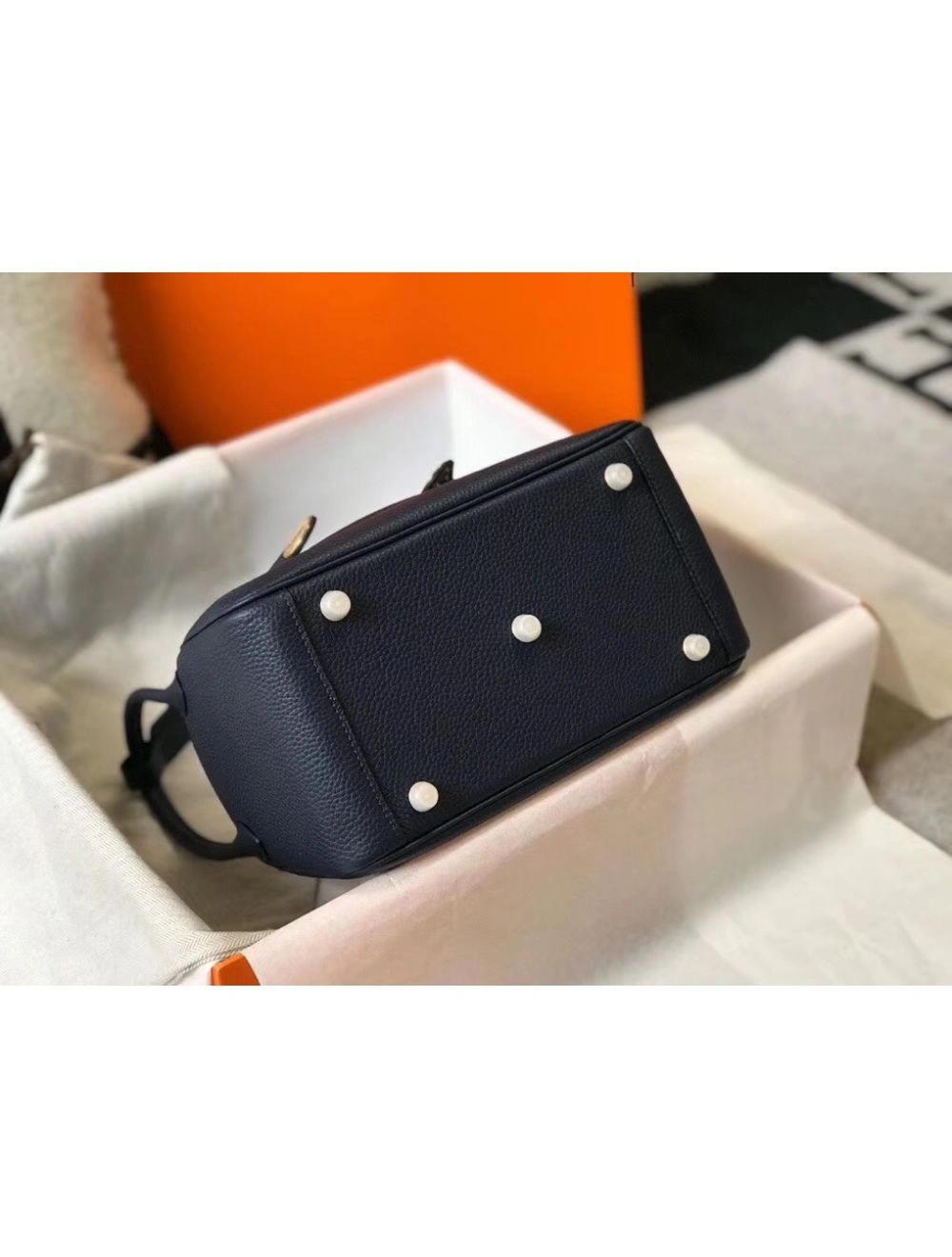 Hermes Lindy 26cm Bag In Navy Blue Clemence Leather GHW